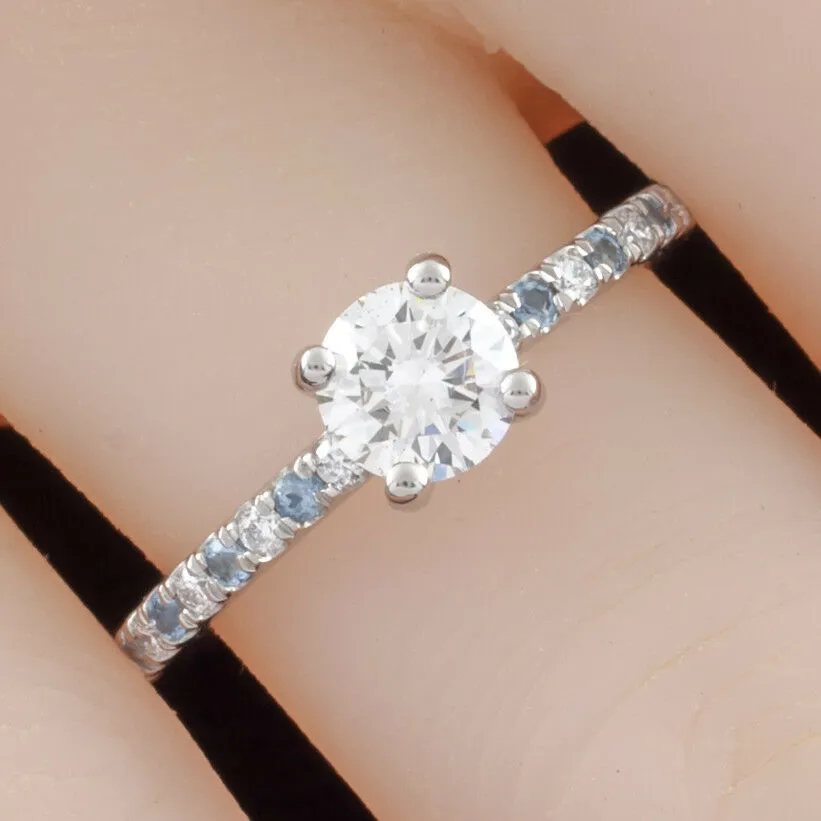 0.73 carat Round Diamond Solitaire Palladium Ring w/ Aquamarine Accents GIA