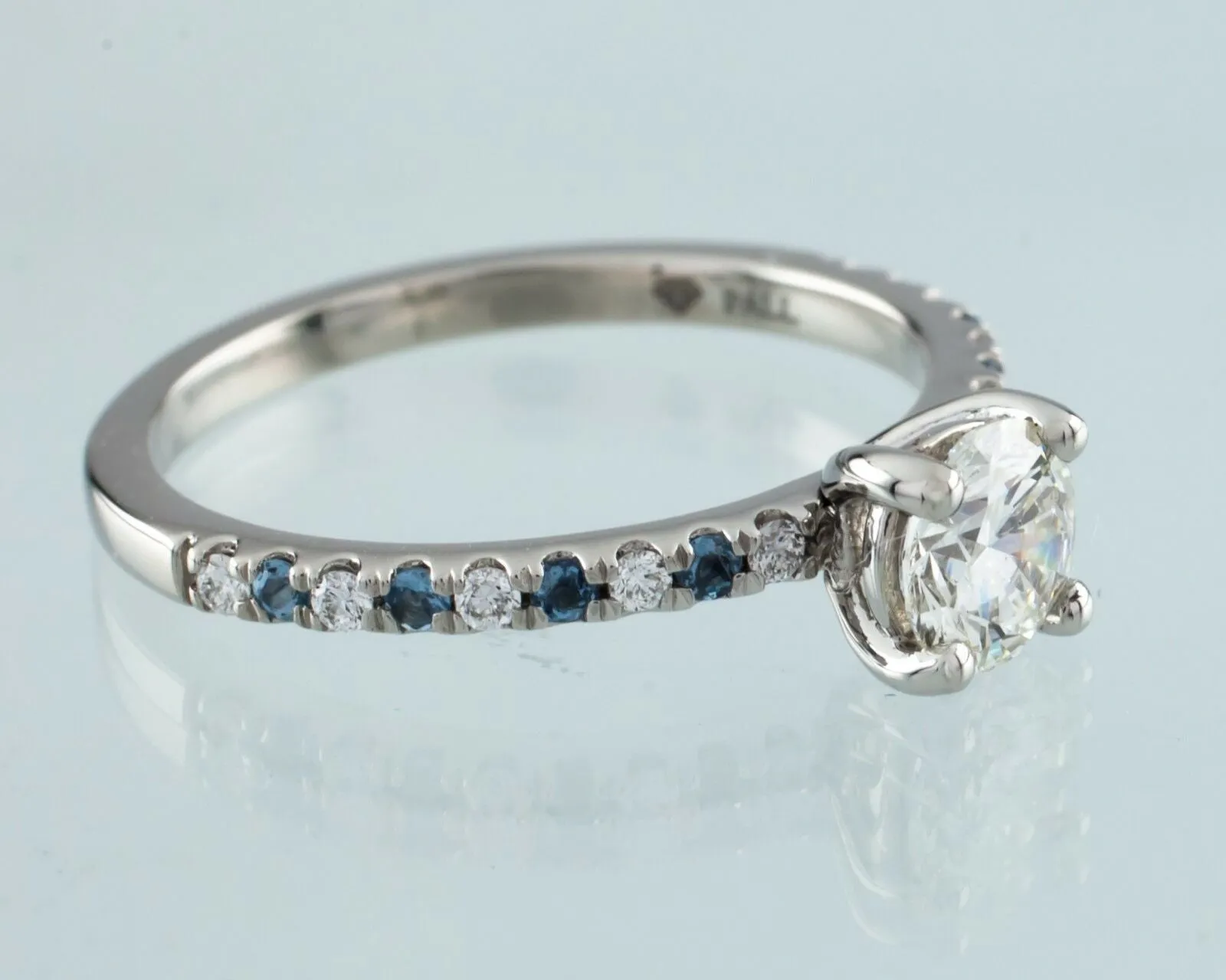0.73 carat Round Diamond Solitaire Palladium Ring w/ Aquamarine Accents GIA
