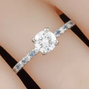 0.73 carat Round Diamond Solitaire Palladium Ring w/ Aquamarine Accents GIA