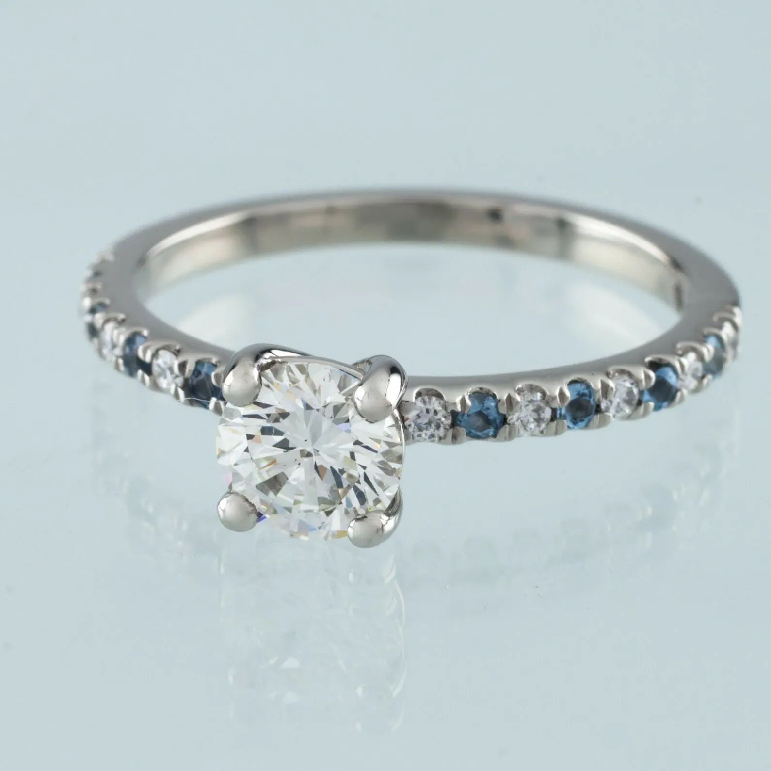 0.73 carat Round Diamond Solitaire Palladium Ring w/ Aquamarine Accents GIA