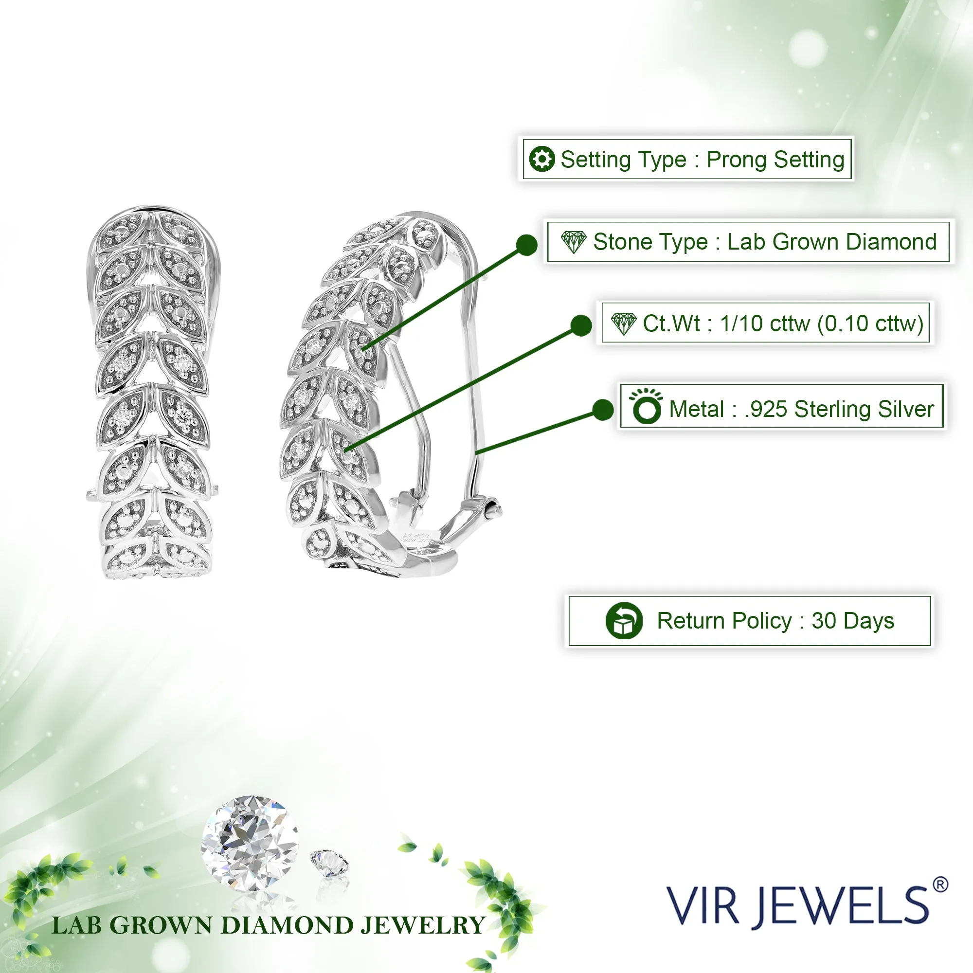1/10 cttw Lab Grown Diamond Vine Hoop Earrings in Sterling Silver