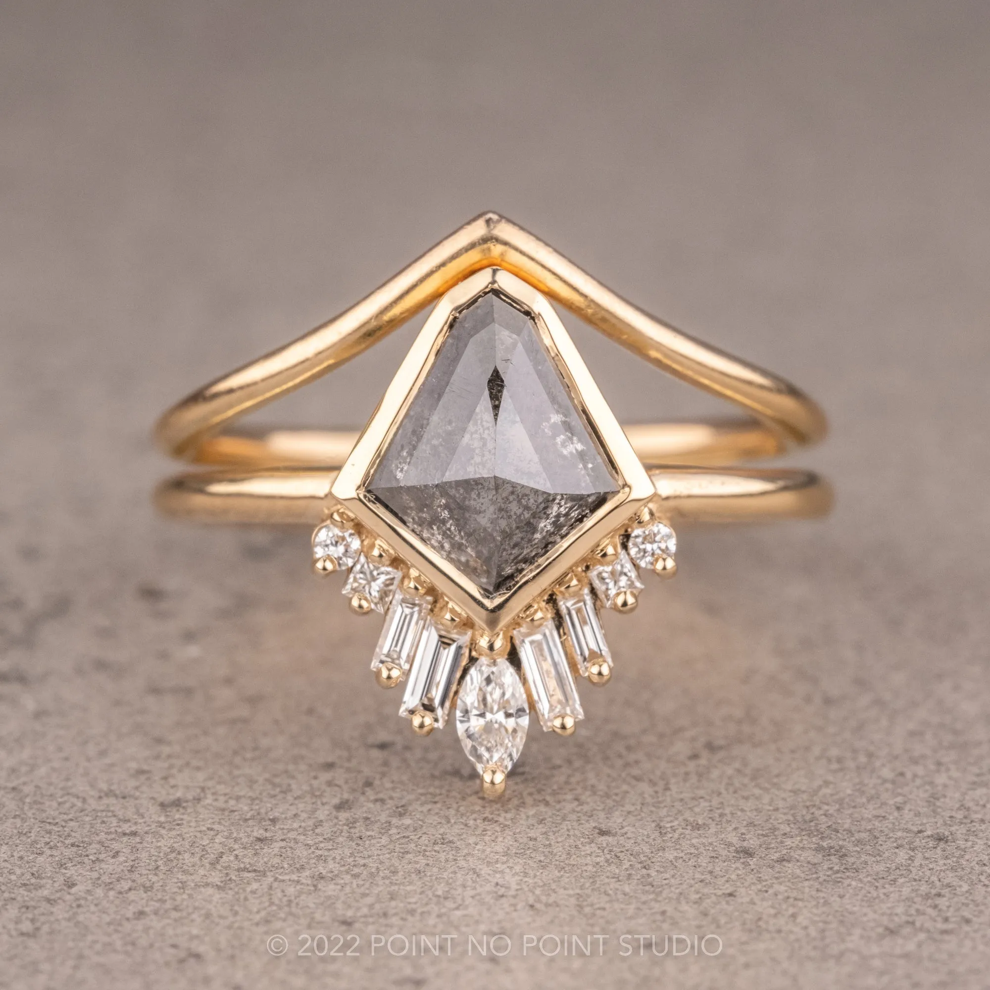 1.23 Carat Salt and Pepper Geo Kite Diamond Engagement Ring, Bezel Wren Setting, 14K Yellow Gold