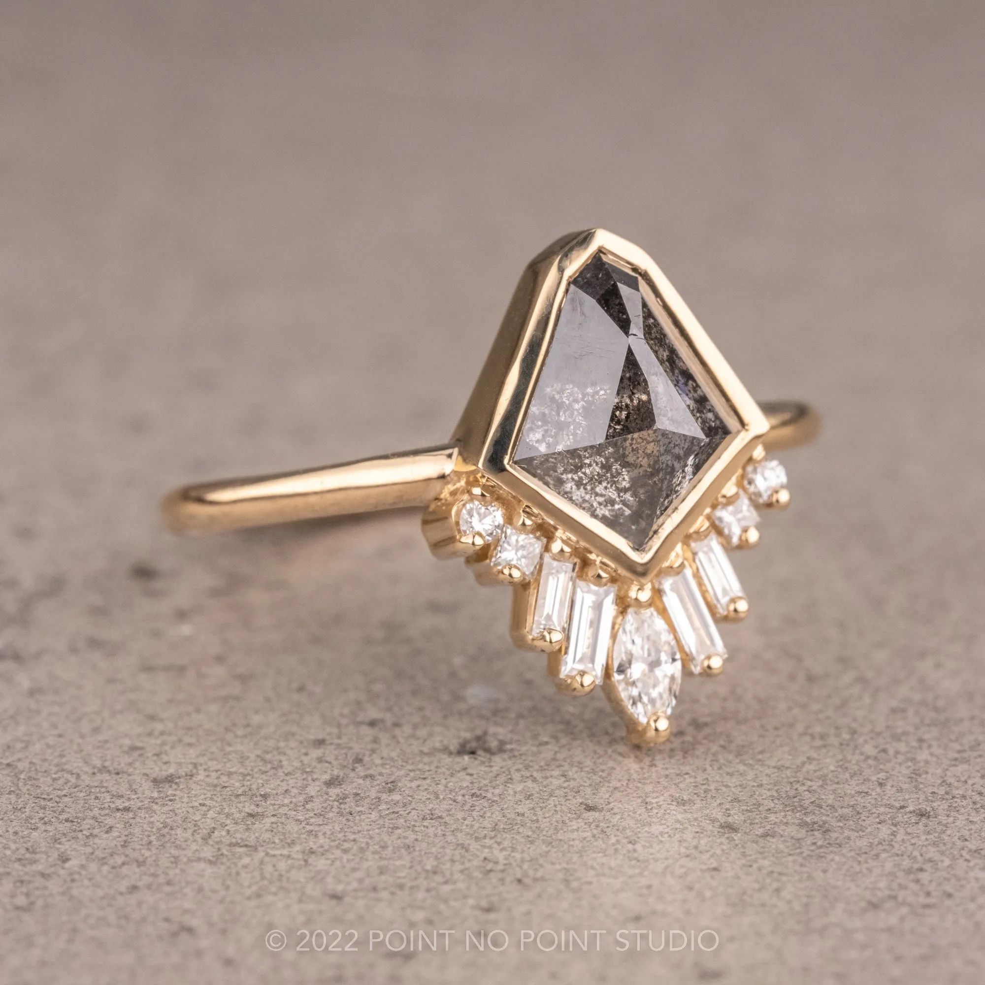 1.23 Carat Salt and Pepper Geo Kite Diamond Engagement Ring, Bezel Wren Setting, 14K Yellow Gold