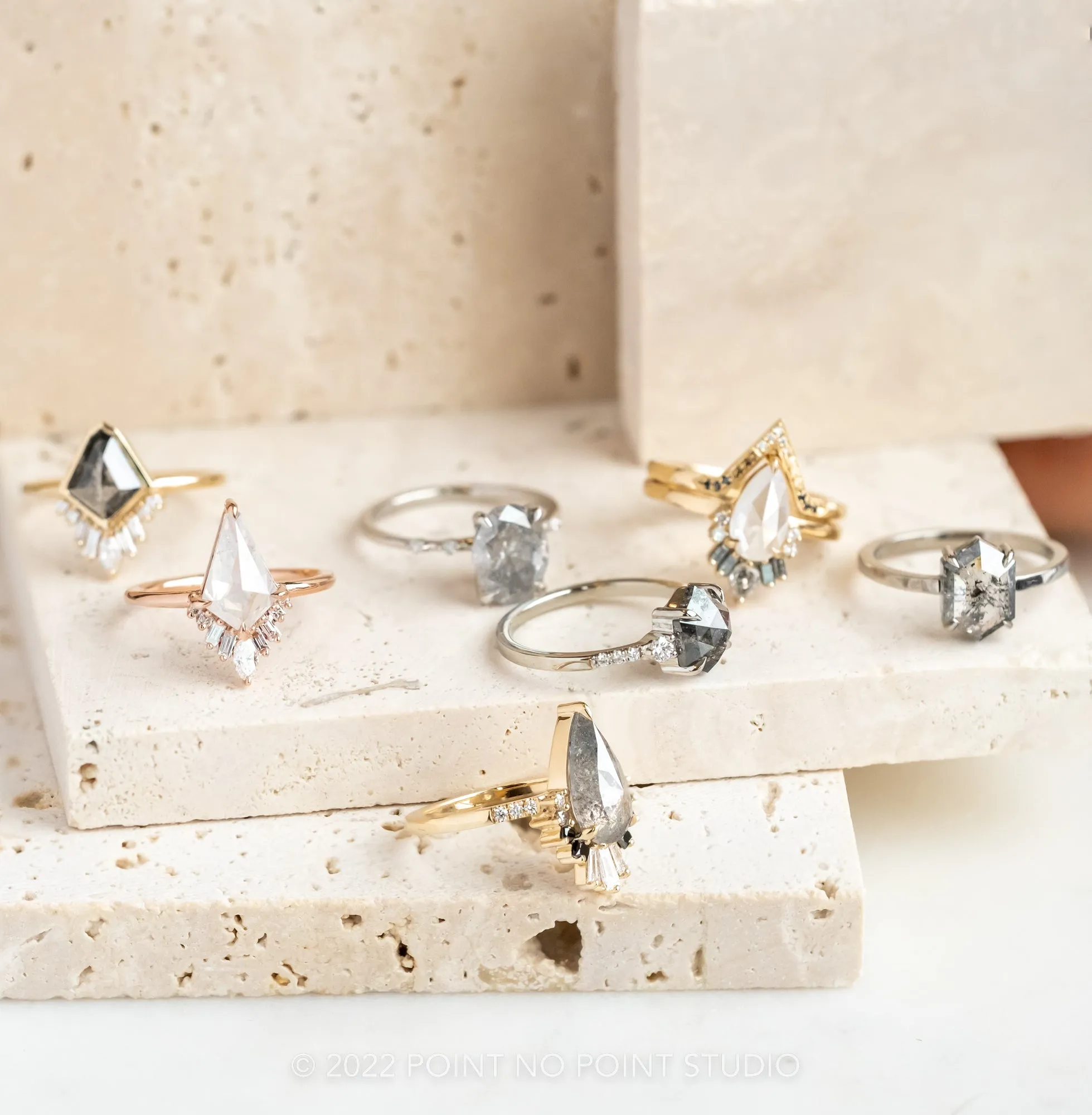 1.23 Carat Salt and Pepper Geo Kite Diamond Engagement Ring, Bezel Wren Setting, 14K Yellow Gold
