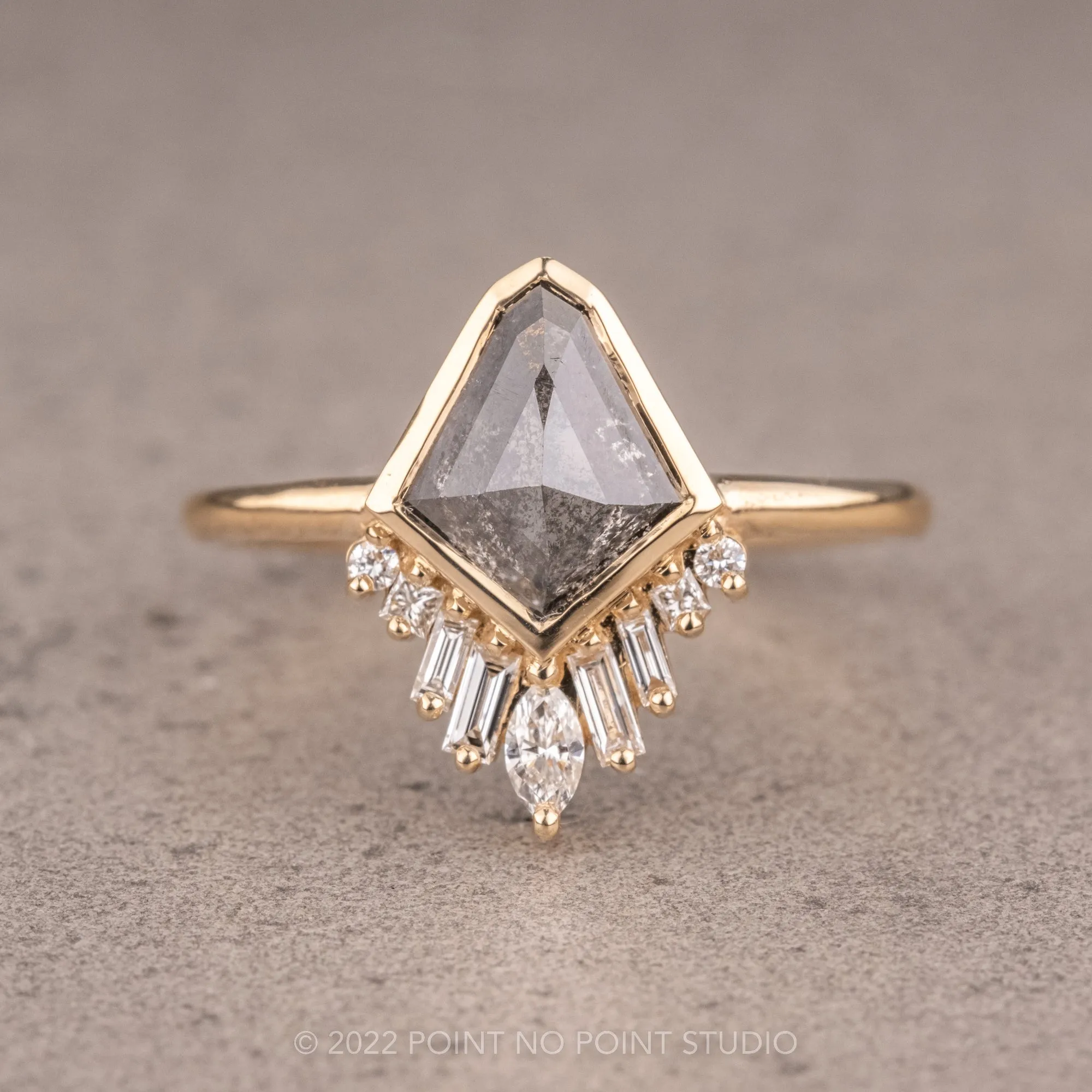 1.23 Carat Salt and Pepper Geo Kite Diamond Engagement Ring, Bezel Wren Setting, 14K Yellow Gold