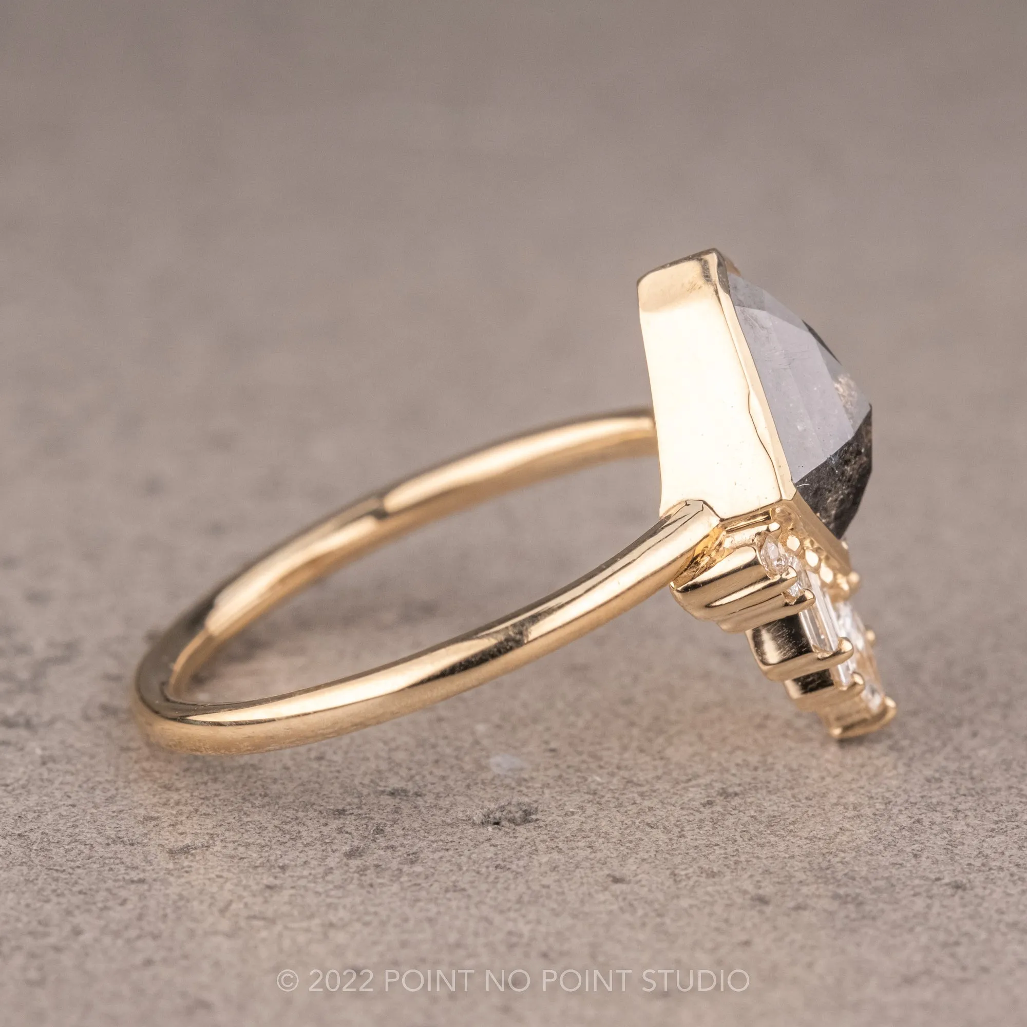 1.23 Carat Salt and Pepper Geo Kite Diamond Engagement Ring, Bezel Wren Setting, 14K Yellow Gold