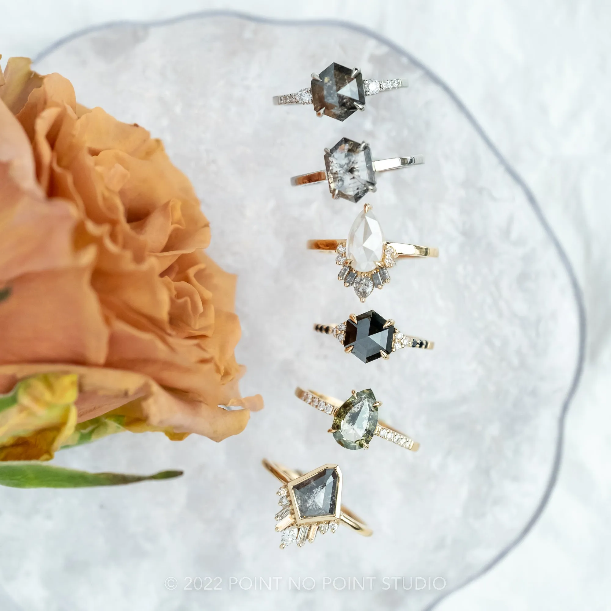 1.23 Carat Salt and Pepper Geo Kite Diamond Engagement Ring, Bezel Wren Setting, 14K Yellow Gold
