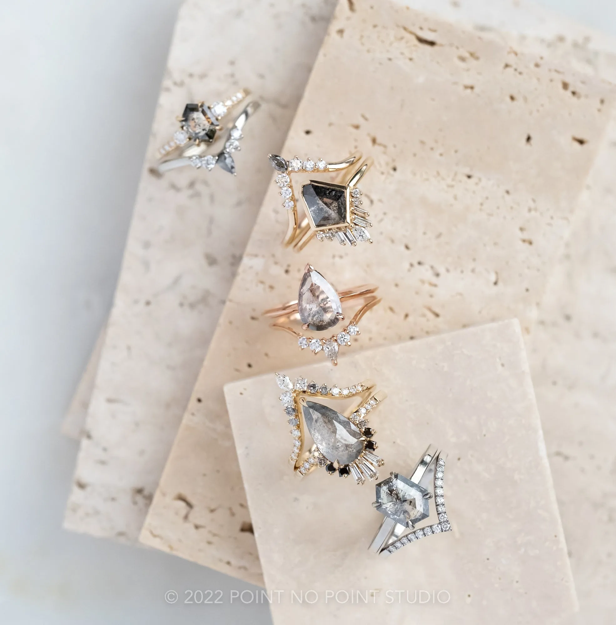 1.23 Carat Salt and Pepper Geo Kite Diamond Engagement Ring, Bezel Wren Setting, 14K Yellow Gold