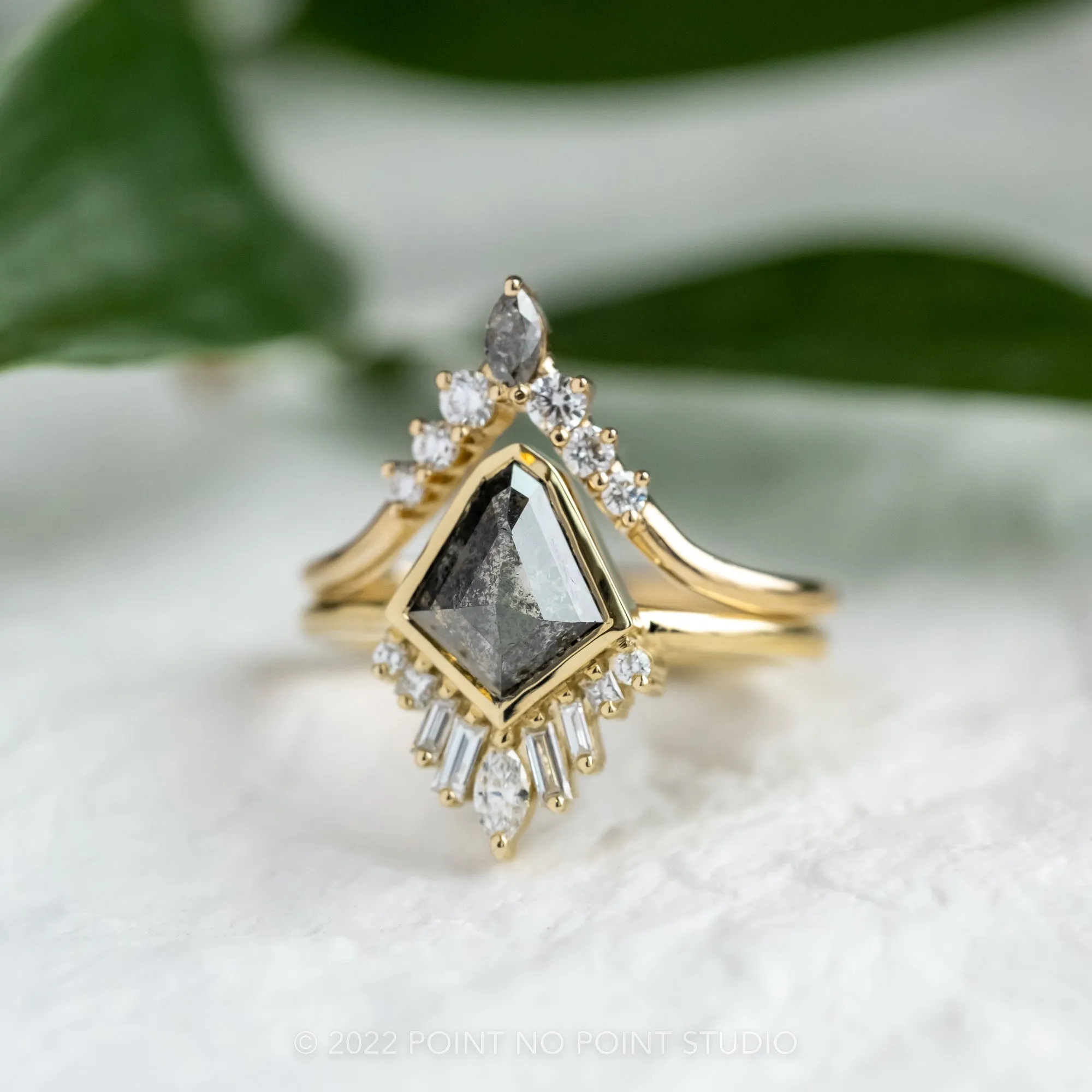 1.23 Carat Salt and Pepper Geo Kite Diamond Engagement Ring, Bezel Wren Setting, 14K Yellow Gold