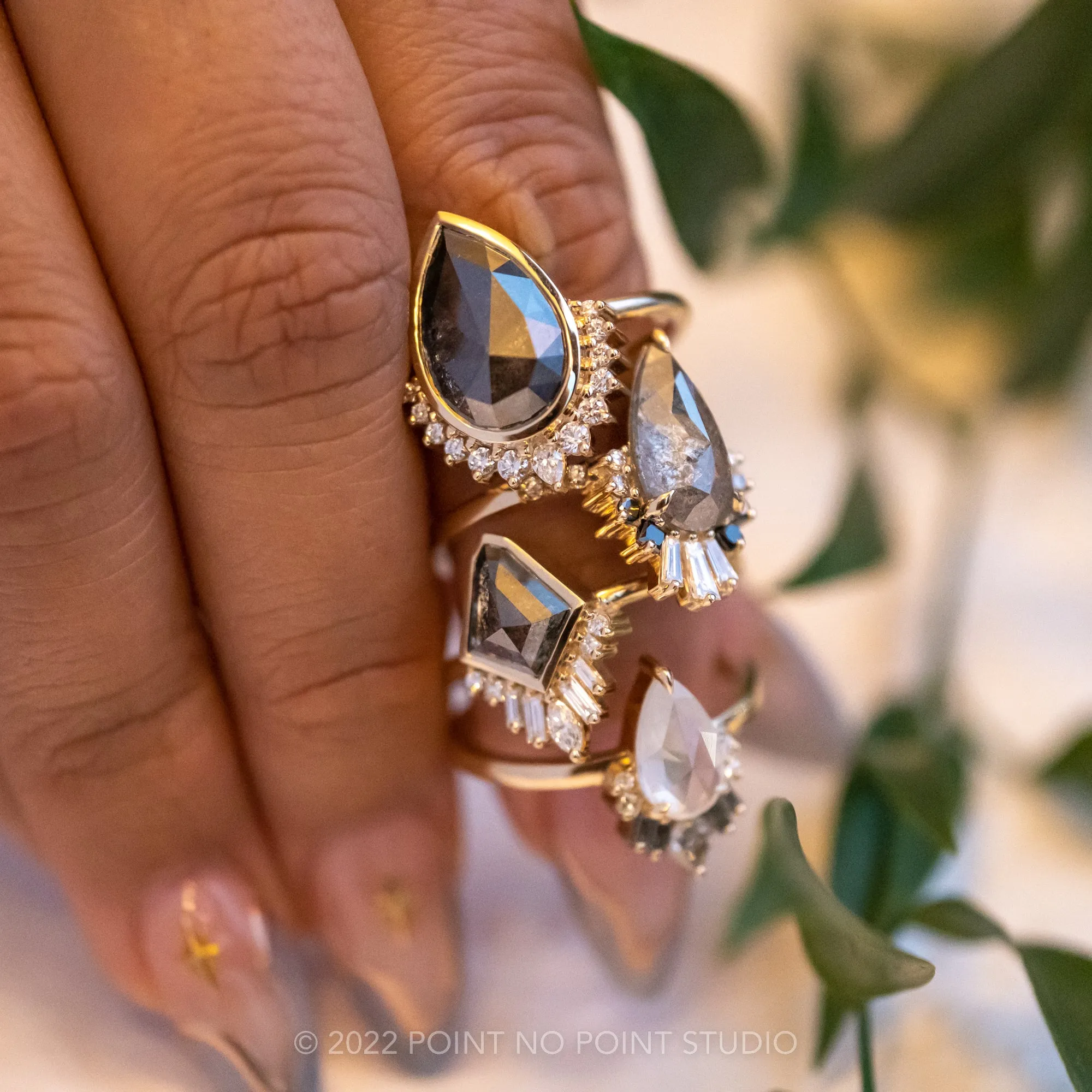 1.23 Carat Salt and Pepper Geo Kite Diamond Engagement Ring, Bezel Wren Setting, 14K Yellow Gold