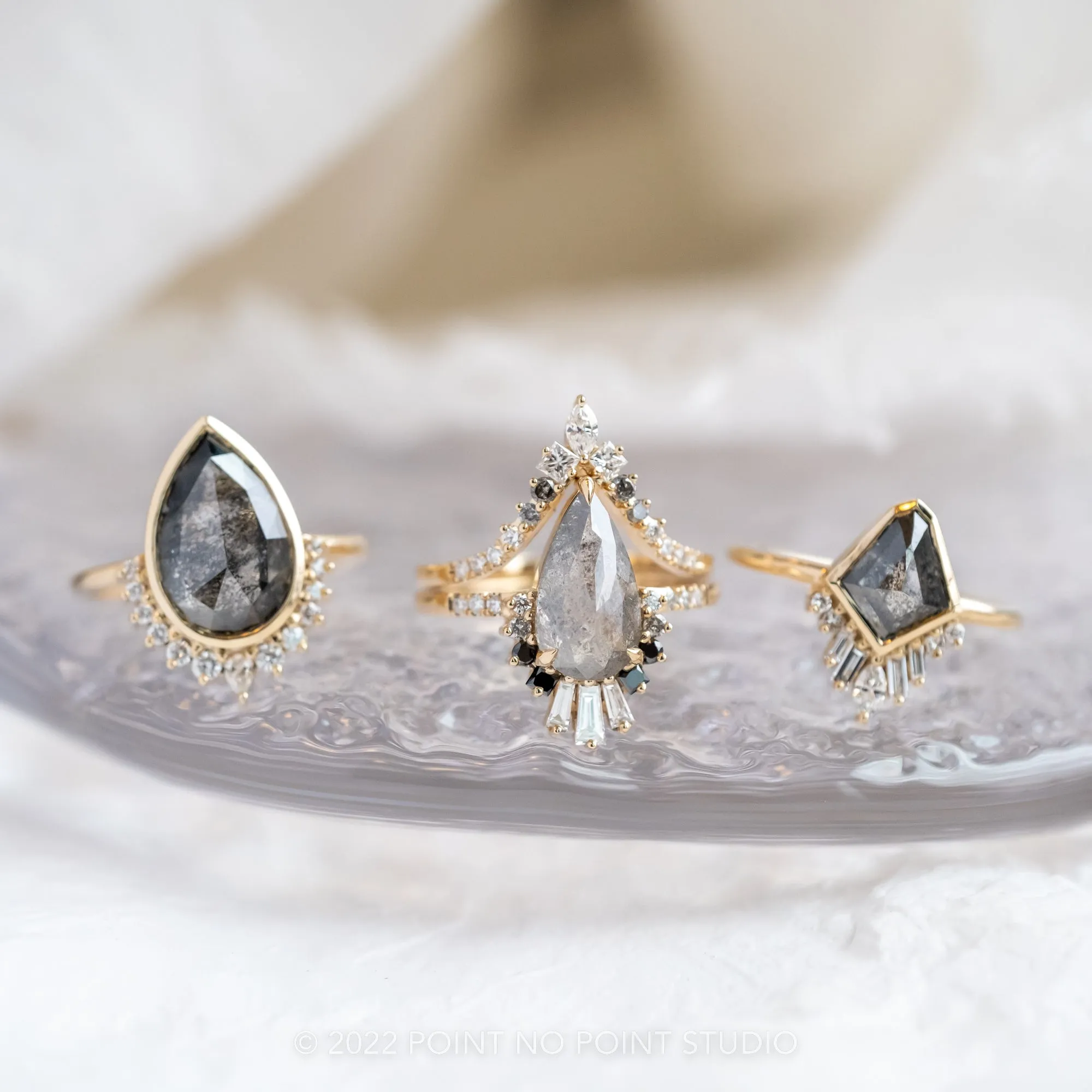 1.23 Carat Salt and Pepper Geo Kite Diamond Engagement Ring, Bezel Wren Setting, 14K Yellow Gold