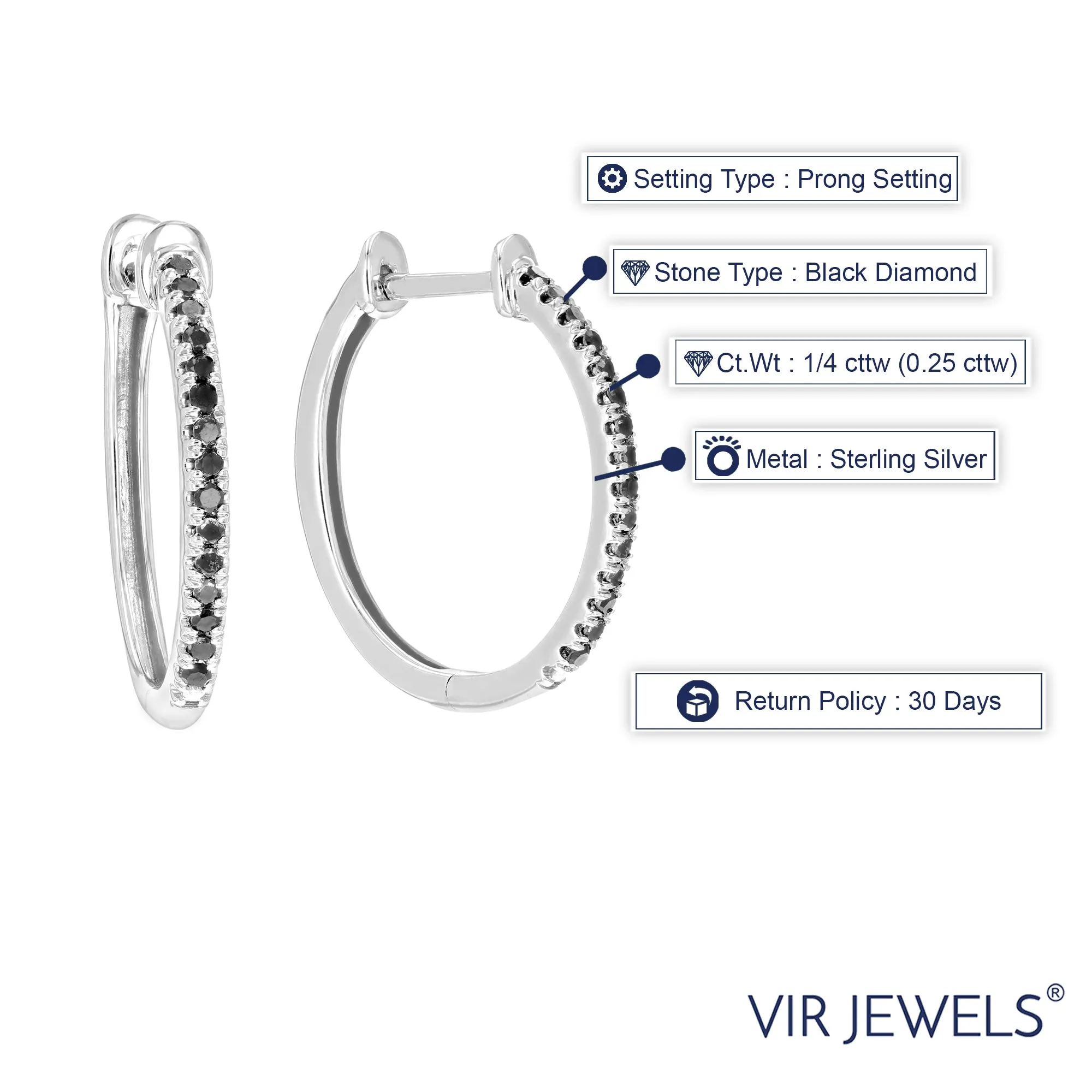 1/4 cttw Black Diamond Classic Hoop Earrings in Sterling Silver