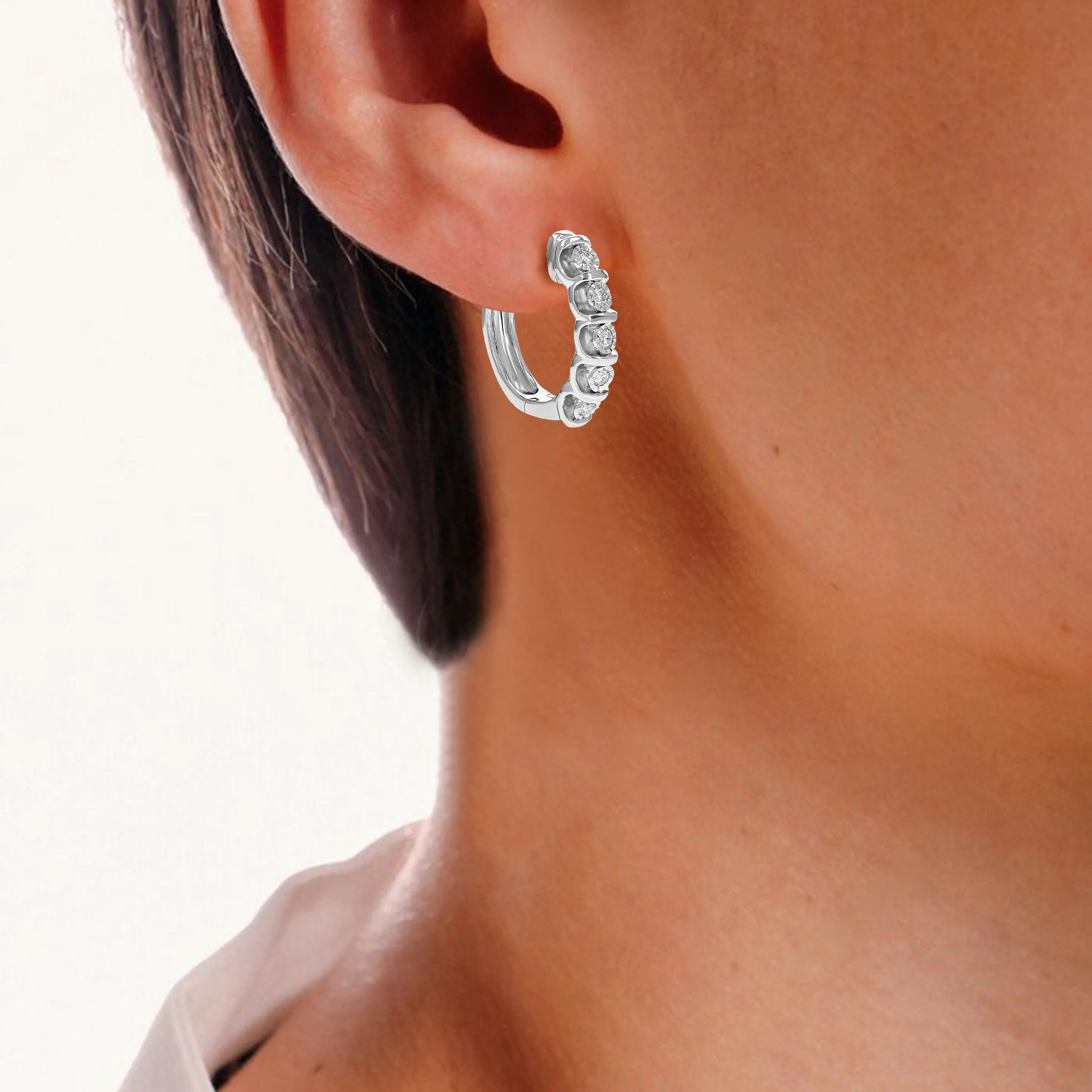 1/4 cttw Lab Grown Bezel Diamond Hoop Earrings in Sterling Silver