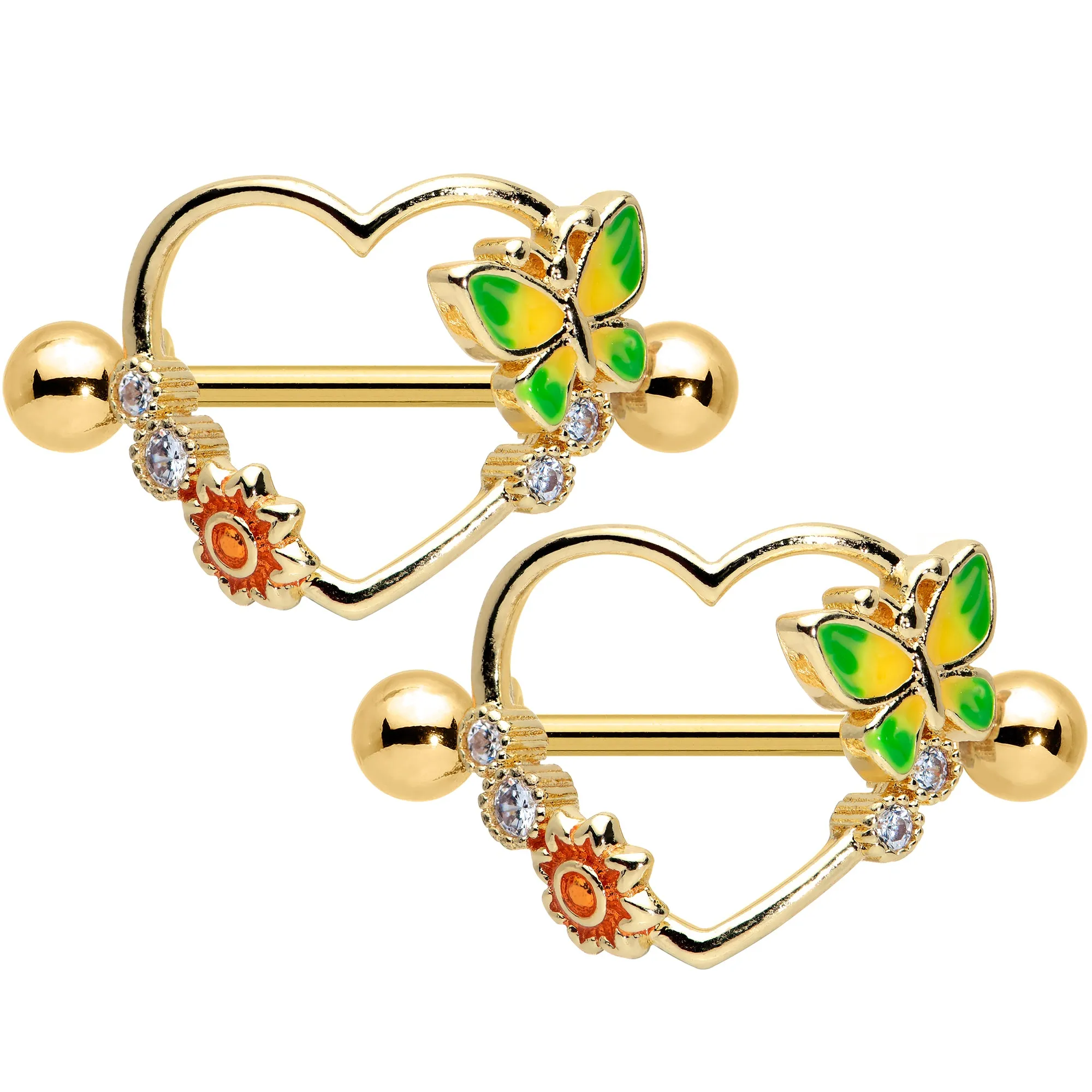 14 Gauge 9/16 Clear CZ Gem Gold Tone Butterfly Heart Nipple Shield Set