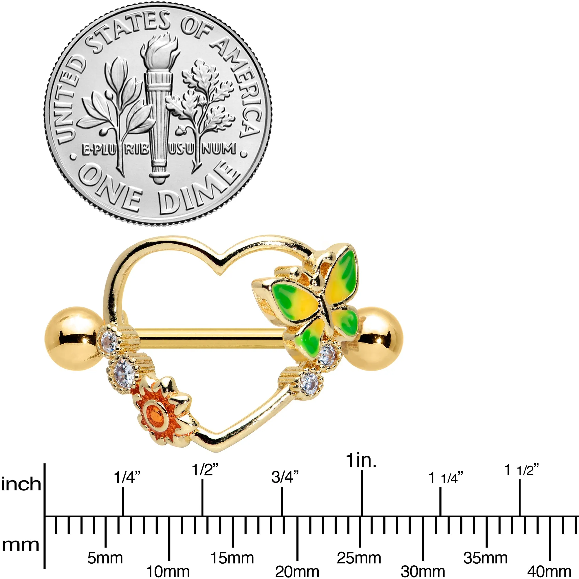 14 Gauge 9/16 Clear CZ Gem Gold Tone Butterfly Heart Nipple Shield Set