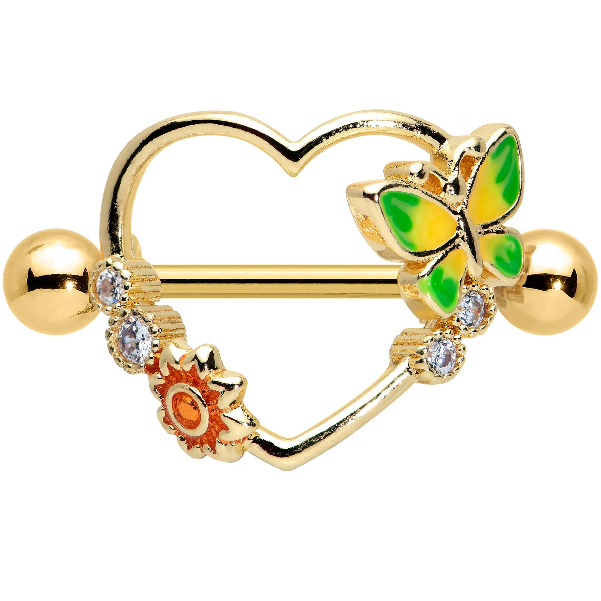 14 Gauge 9/16 Clear CZ Gem Gold Tone Butterfly Heart Nipple Shield Set