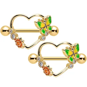 14 Gauge 9/16 Clear CZ Gem Gold Tone Butterfly Heart Nipple Shield Set