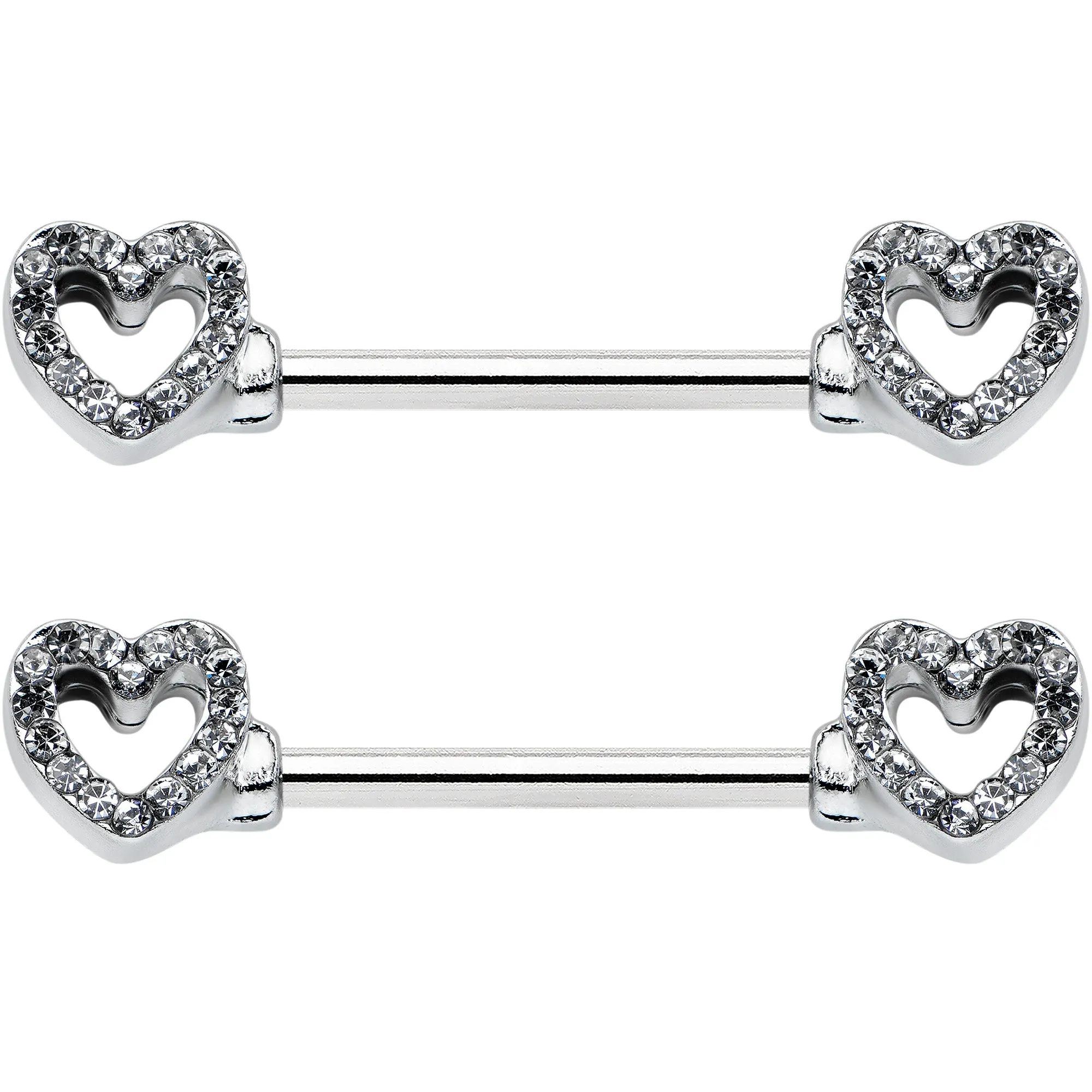 14 Gauge 9/16 Clear Gem Open Heart Valentine Barbell Nipple Ring Set