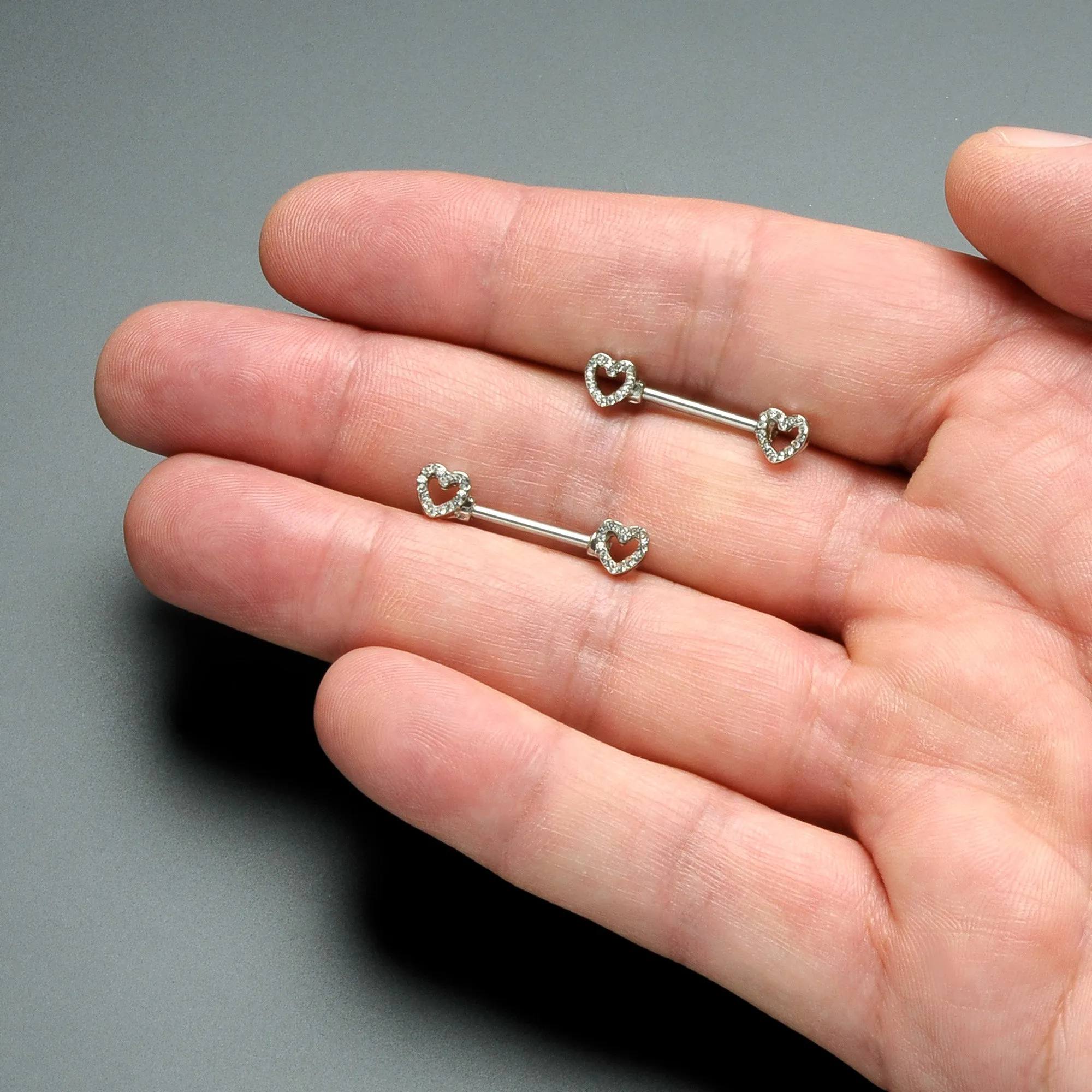 14 Gauge 9/16 Clear Gem Open Heart Valentine Barbell Nipple Ring Set