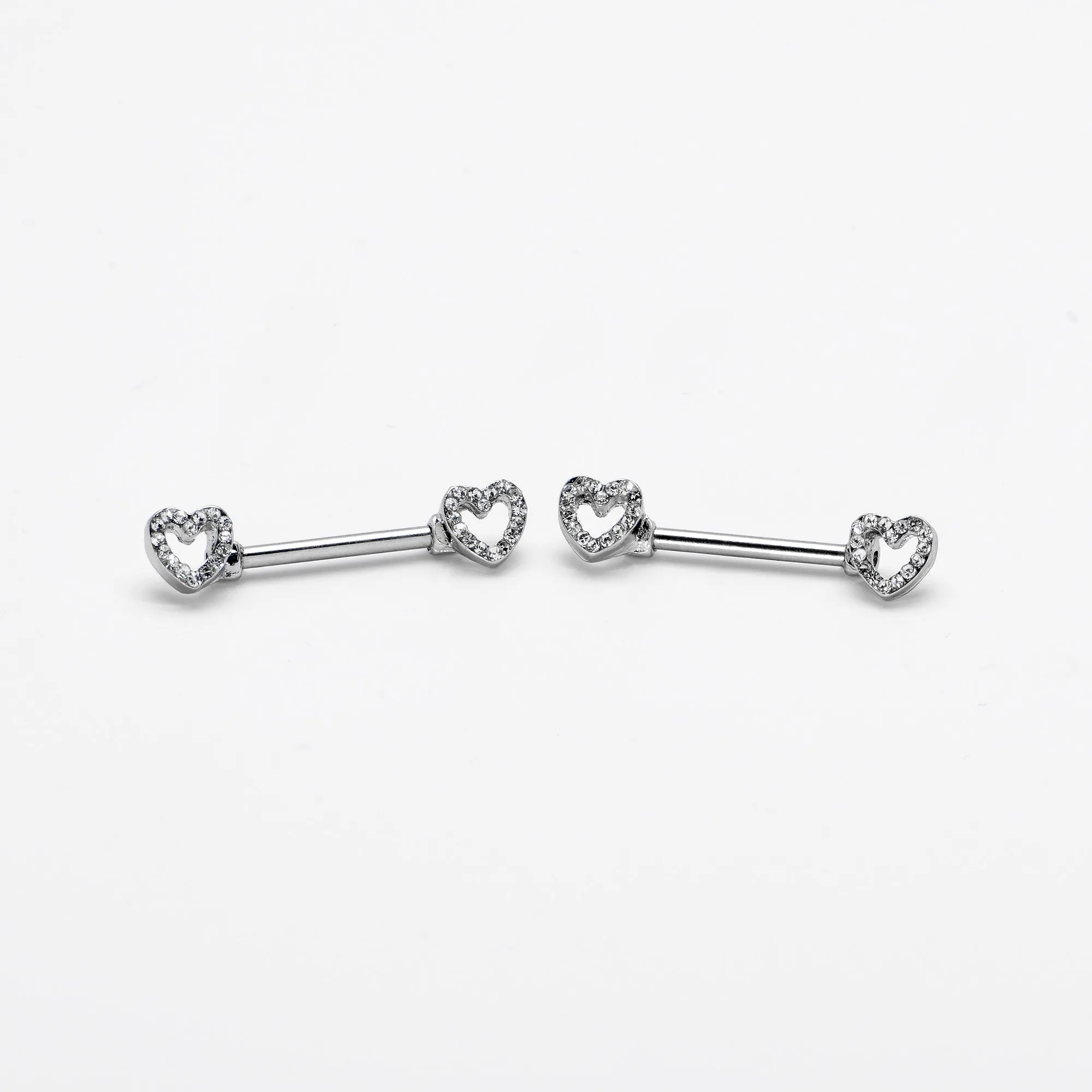 14 Gauge 9/16 Clear Gem Open Heart Valentine Barbell Nipple Ring Set