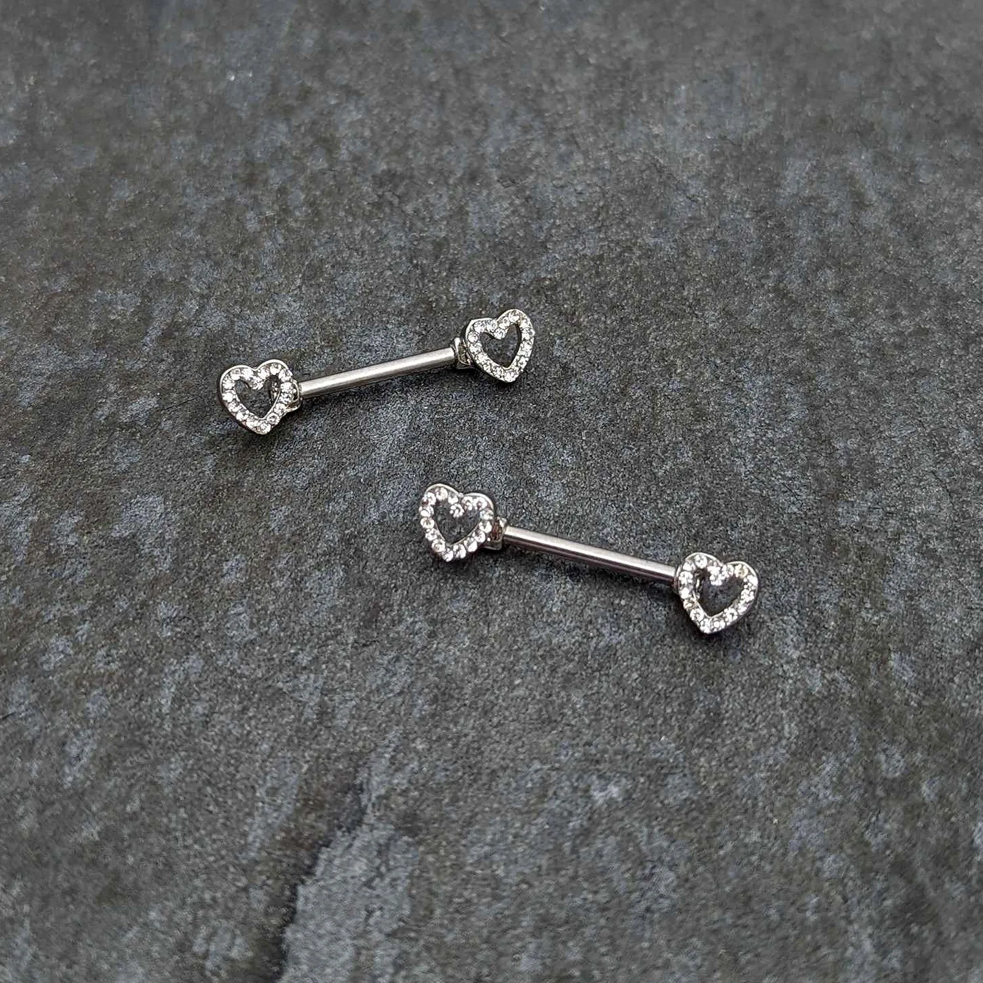 14 Gauge 9/16 Clear Gem Open Heart Valentine Barbell Nipple Ring Set
