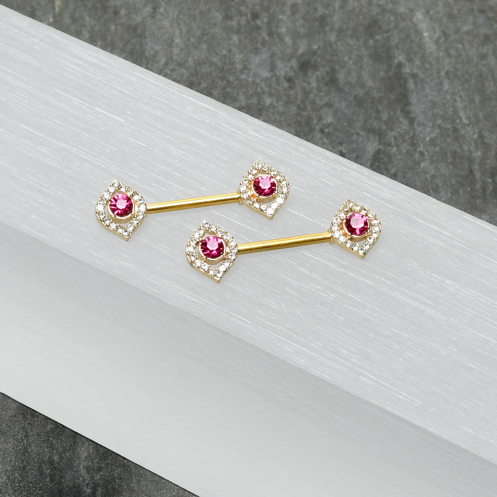 14 Gauge 9/16 Clear Pink Gem Gold Tone Open Eye Barbell Nipple Ring Set