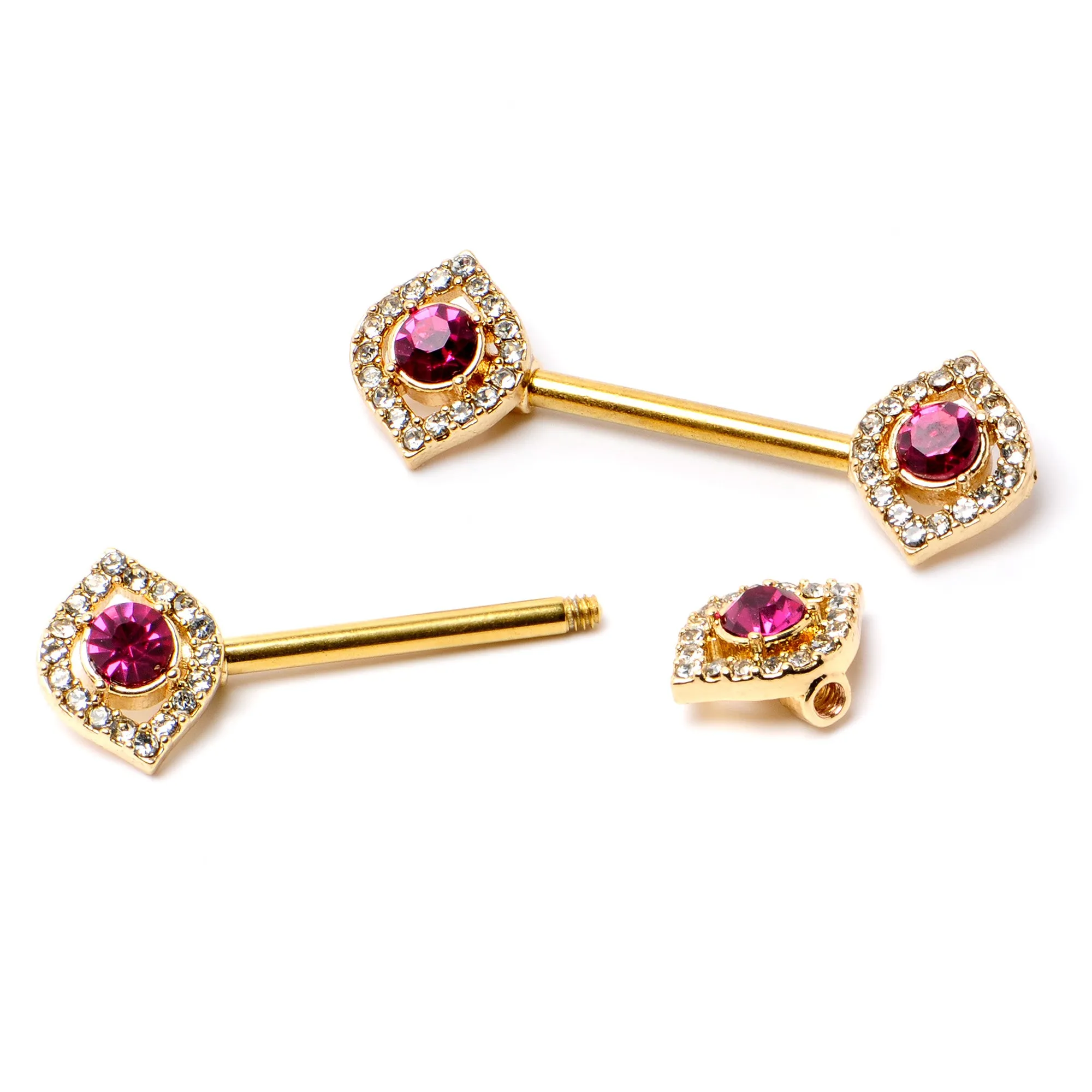 14 Gauge 9/16 Clear Pink Gem Gold Tone Open Eye Barbell Nipple Ring Set
