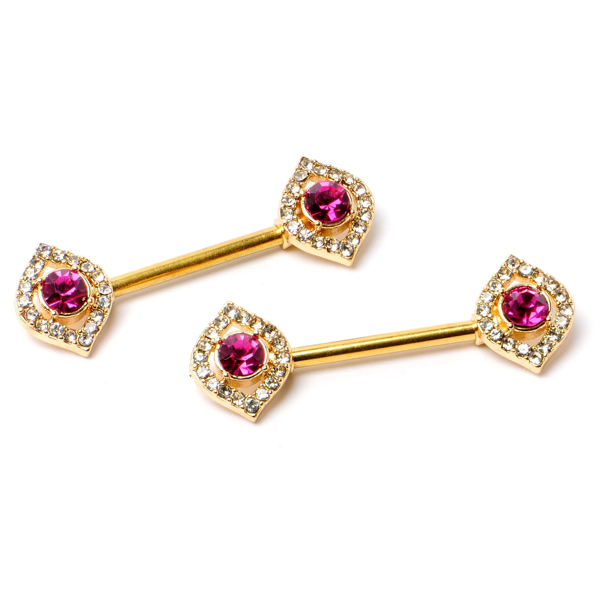 14 Gauge 9/16 Clear Pink Gem Gold Tone Open Eye Barbell Nipple Ring Set