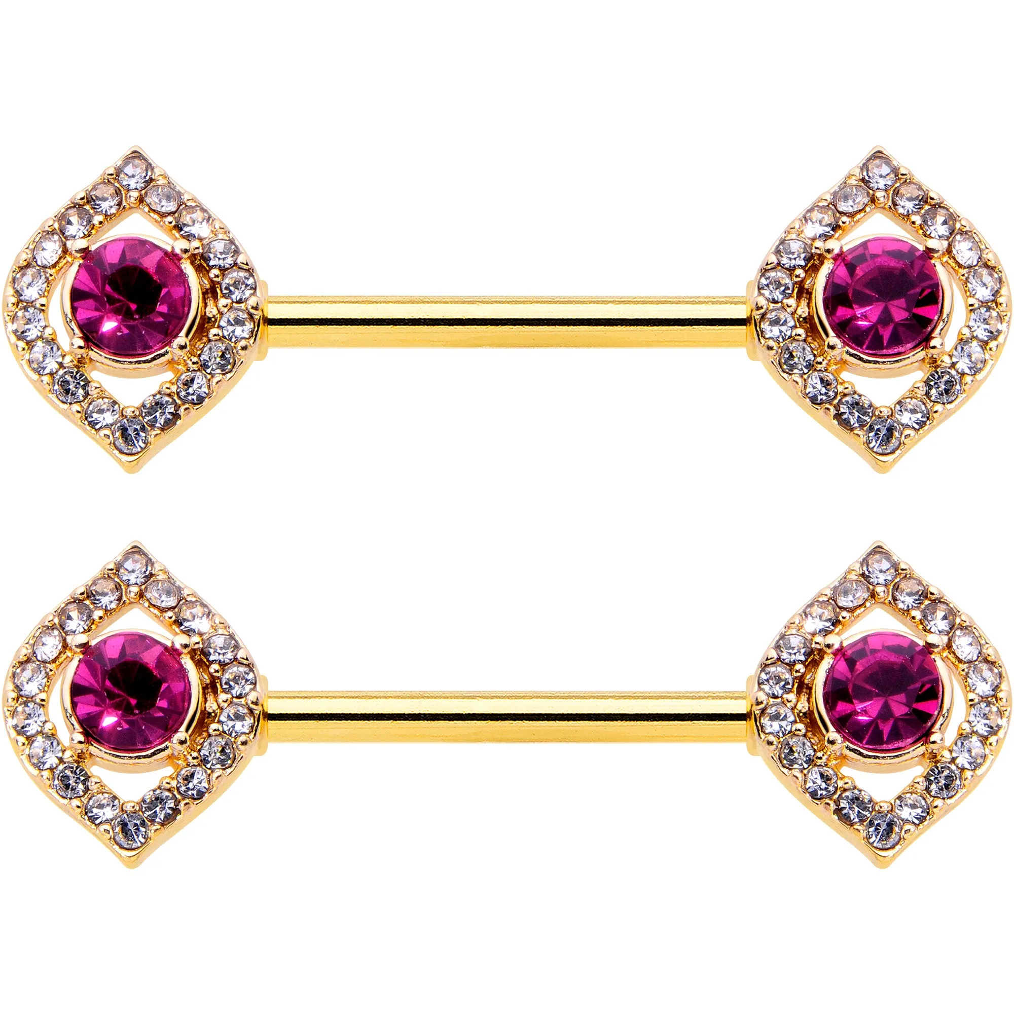 14 Gauge 9/16 Clear Pink Gem Gold Tone Open Eye Barbell Nipple Ring Set