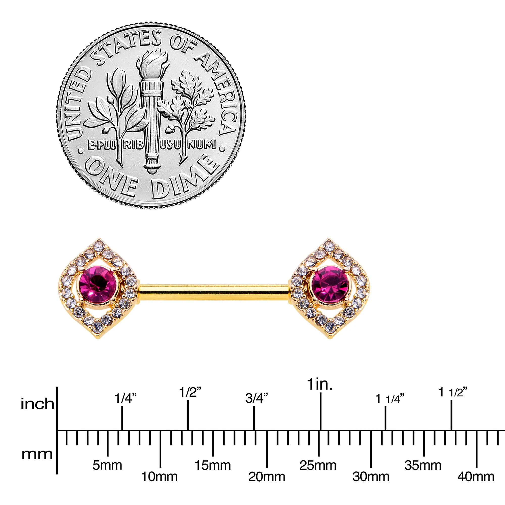14 Gauge 9/16 Clear Pink Gem Gold Tone Open Eye Barbell Nipple Ring Set