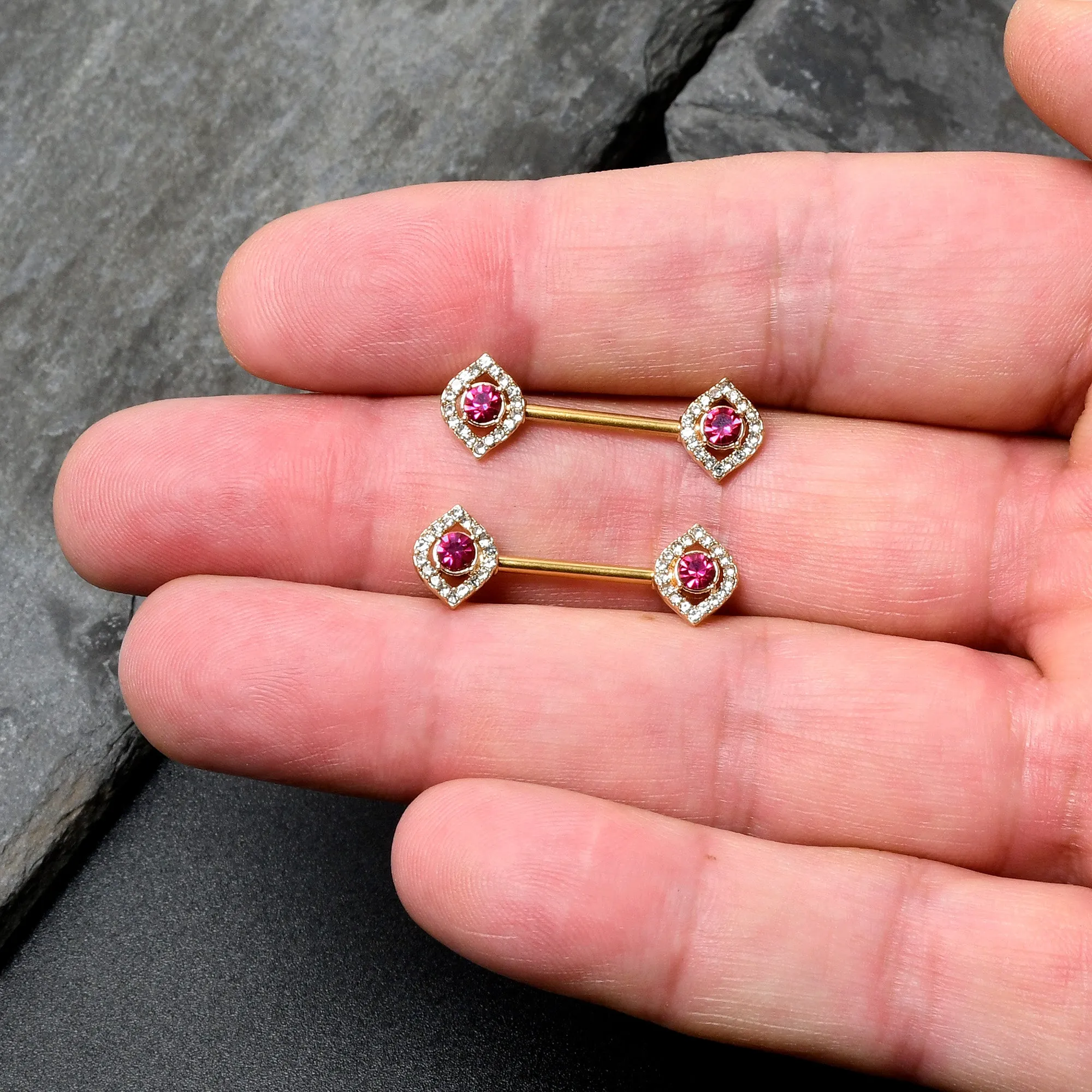 14 Gauge 9/16 Clear Pink Gem Gold Tone Open Eye Barbell Nipple Ring Set