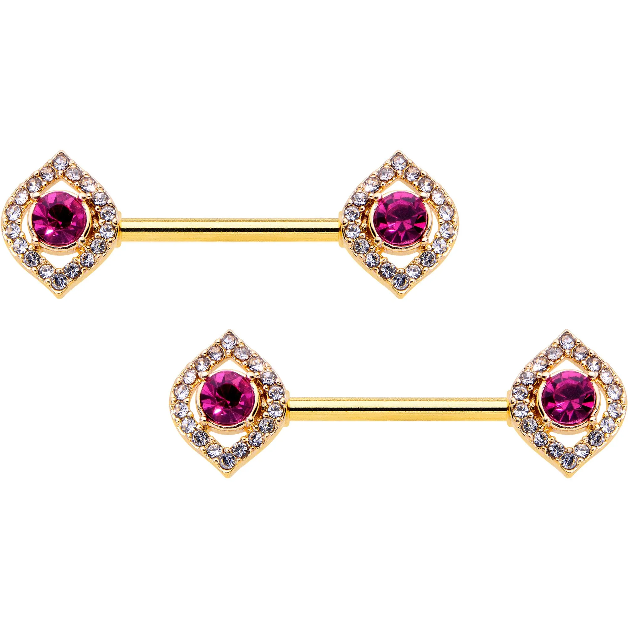 14 Gauge 9/16 Clear Pink Gem Gold Tone Open Eye Barbell Nipple Ring Set
