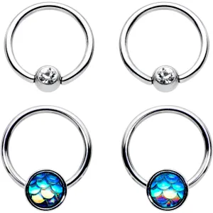 14 Gauge Clear Gem Mermaid Scale BCR Captive Nipple Ring Set of 4