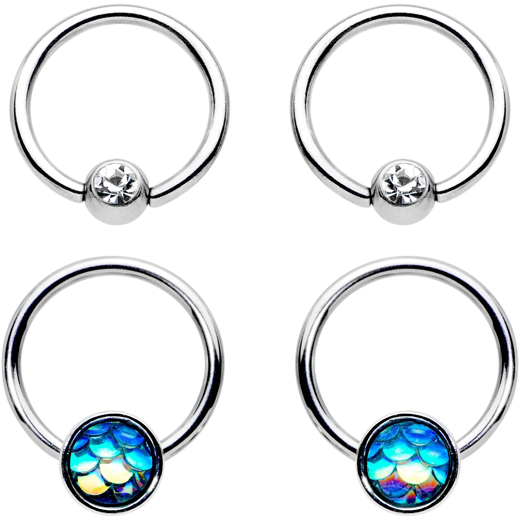 14 Gauge Clear Gem Mermaid Scale BCR Captive Nipple Ring Set of 4
