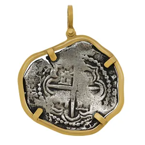 14 K Yellow Gold 2 Reale Grade 1 Spanish Coin Pendant