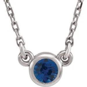 14K White 3 mm Round Chatham® Lab-Created Blue Sapphire Bezel-Set Solitaire 16" Necklace