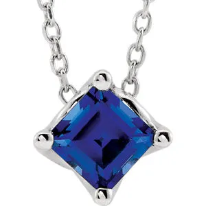 14K White Chatham® Created Blue Sapphire Solitaire 16-18" Necklace