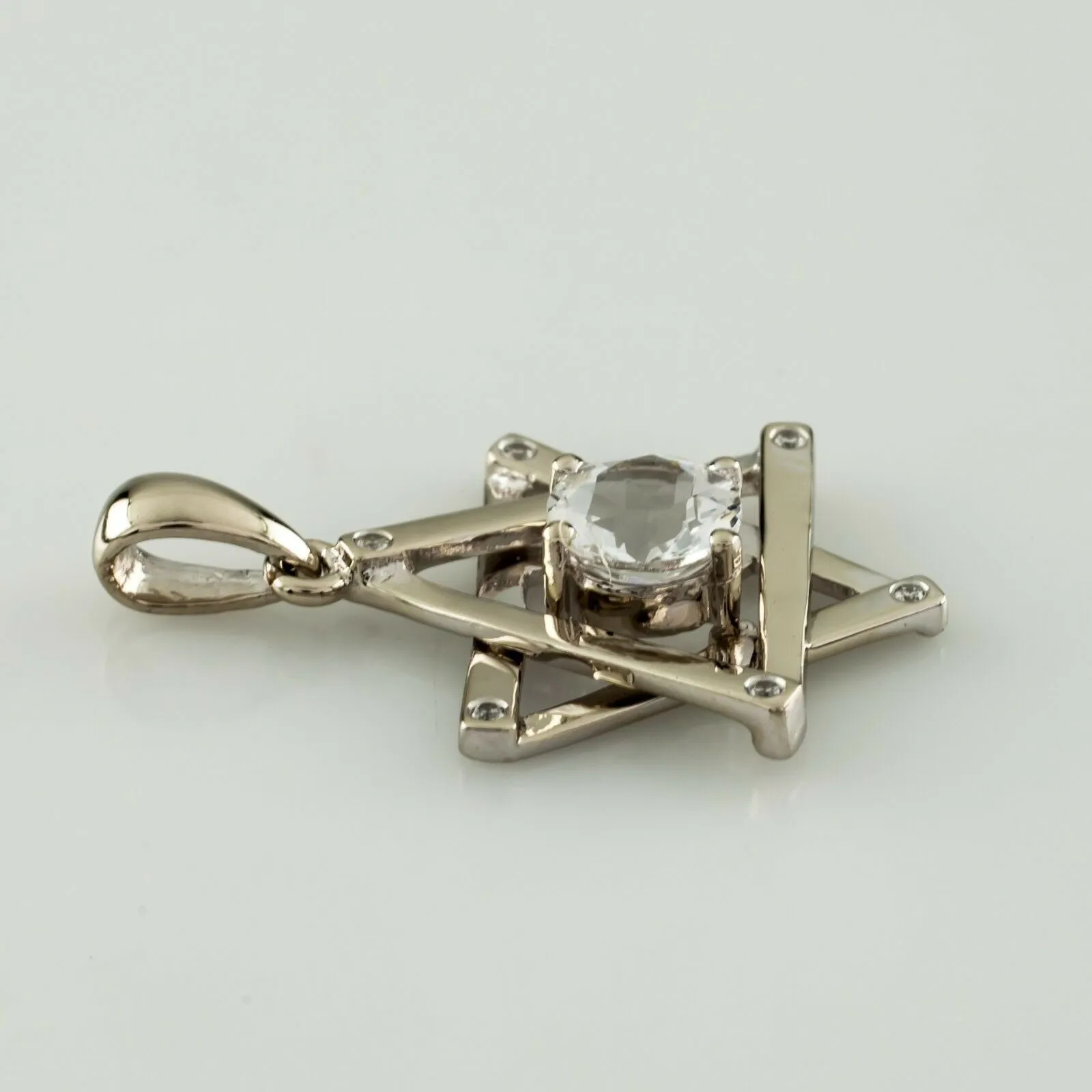 14k White Gold Star of David Pendant w/ White Topaz Solitaire Nice Gift!
