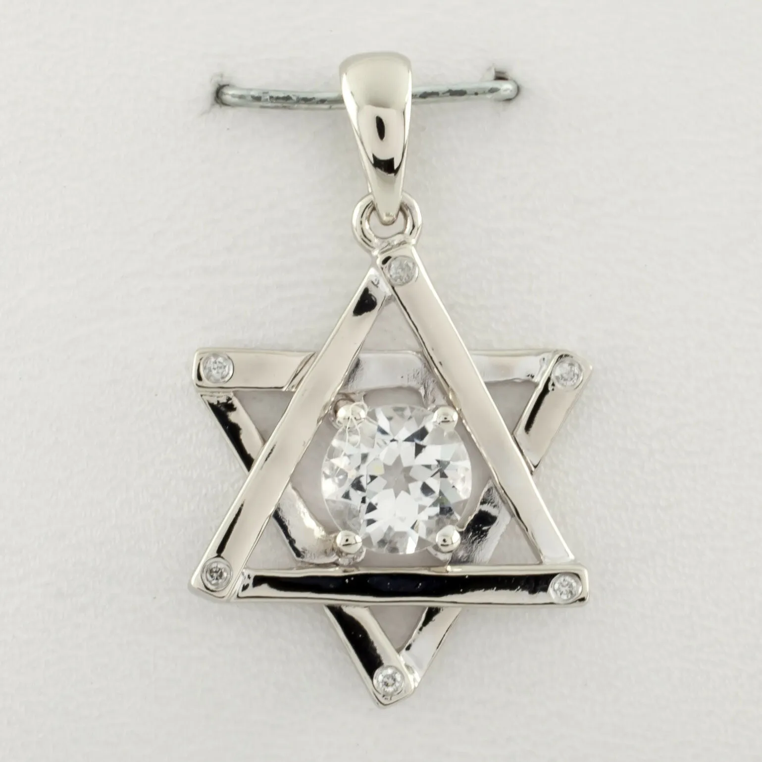 14k White Gold Star of David Pendant w/ White Topaz Solitaire Nice Gift!