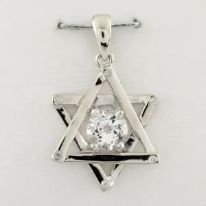 14k White Gold Star of David Pendant w/ White Topaz Solitaire Nice Gift!