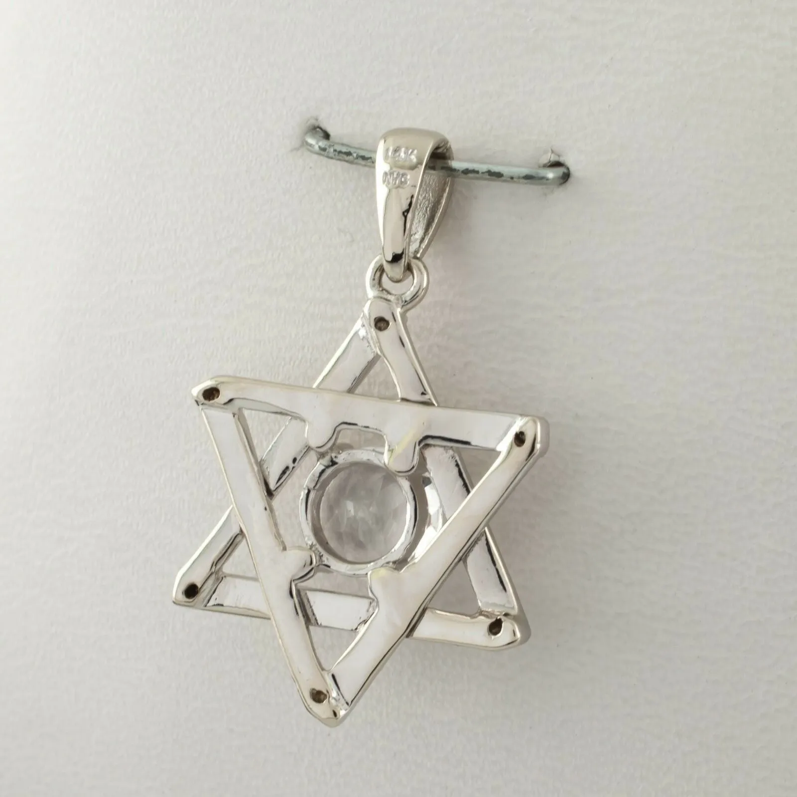 14k White Gold Star of David Pendant w/ White Topaz Solitaire Nice Gift!