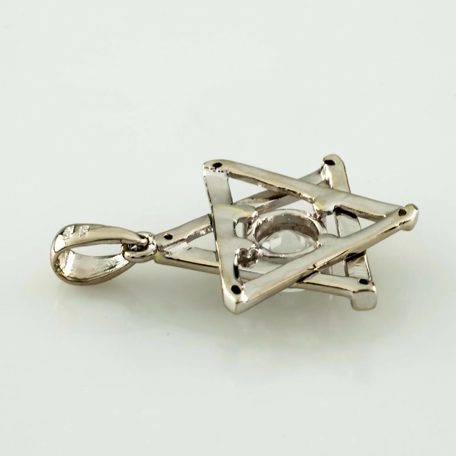 14k White Gold Star of David Pendant w/ White Topaz Solitaire Nice Gift!
