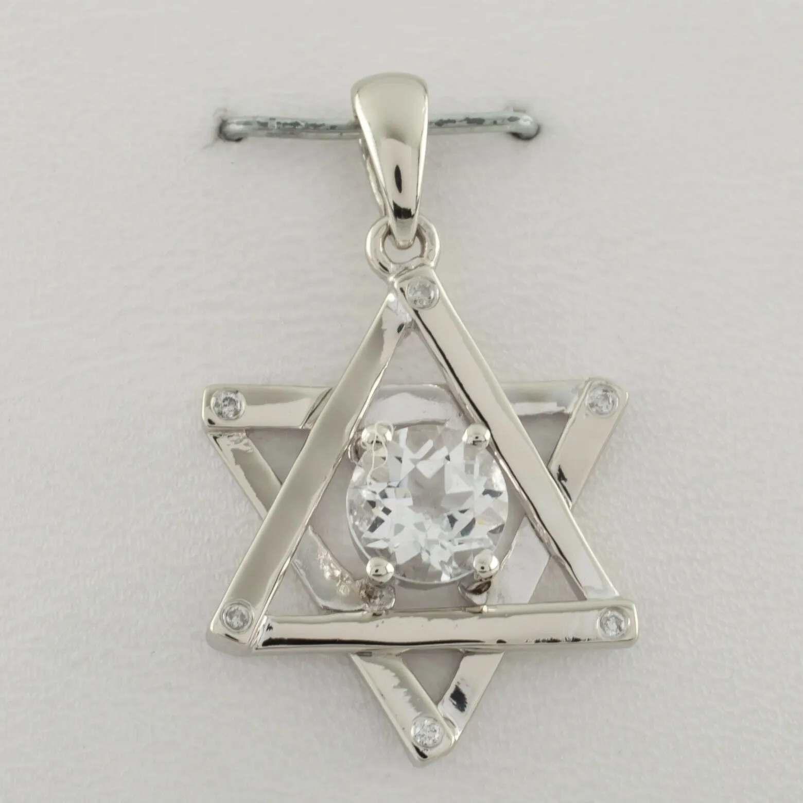 14k White Gold Star of David Pendant w/ White Topaz Solitaire Nice Gift!