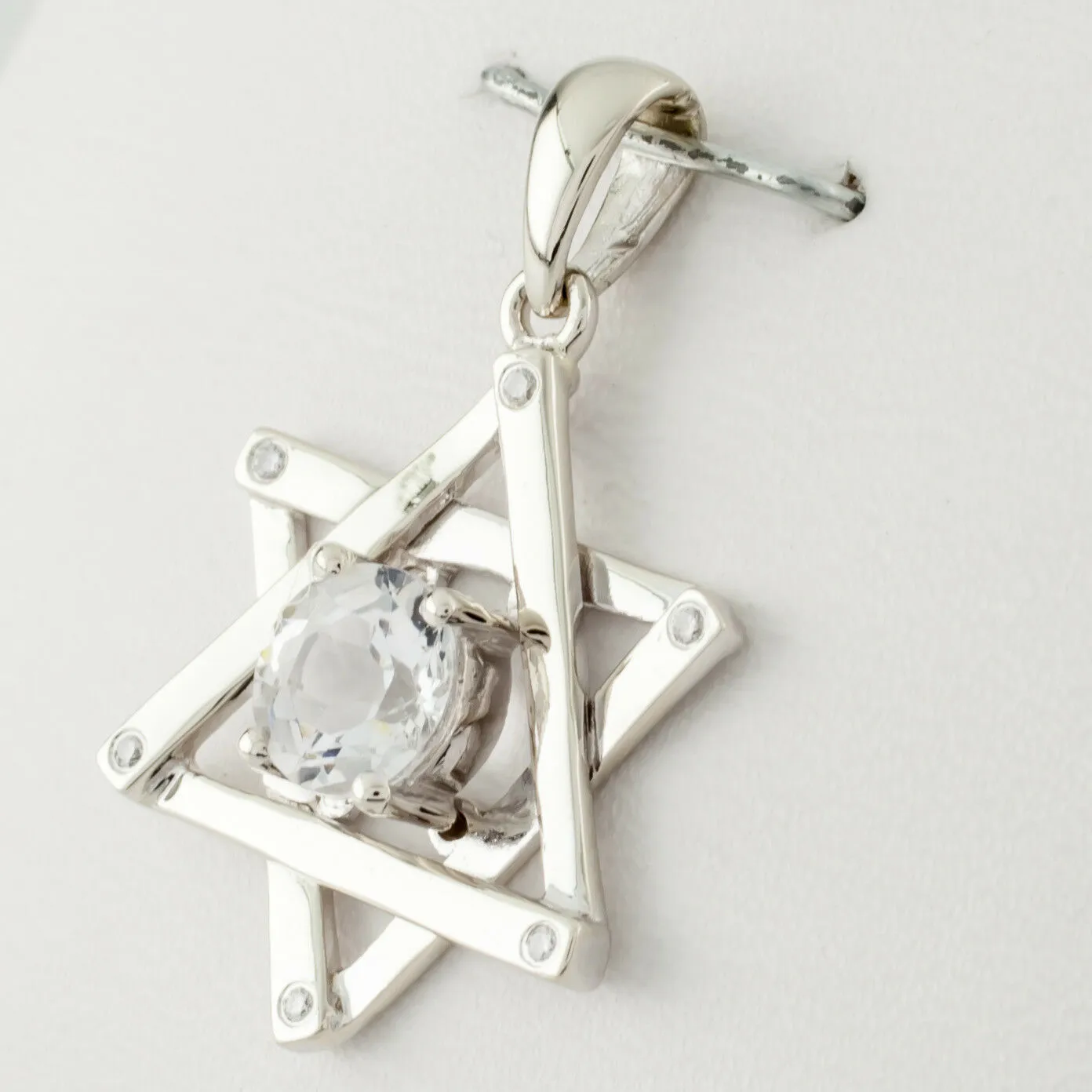 14k White Gold Star of David Pendant w/ White Topaz Solitaire Nice Gift!
