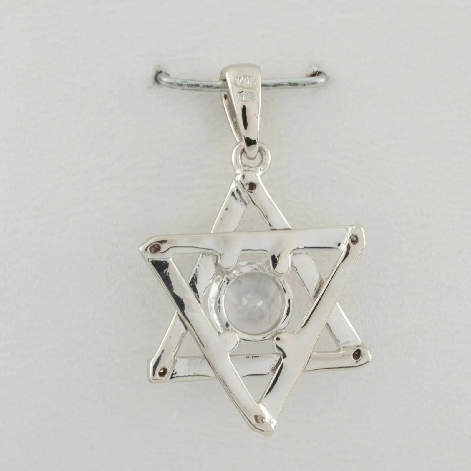 14k White Gold Star of David Pendant w/ White Topaz Solitaire Nice Gift!
