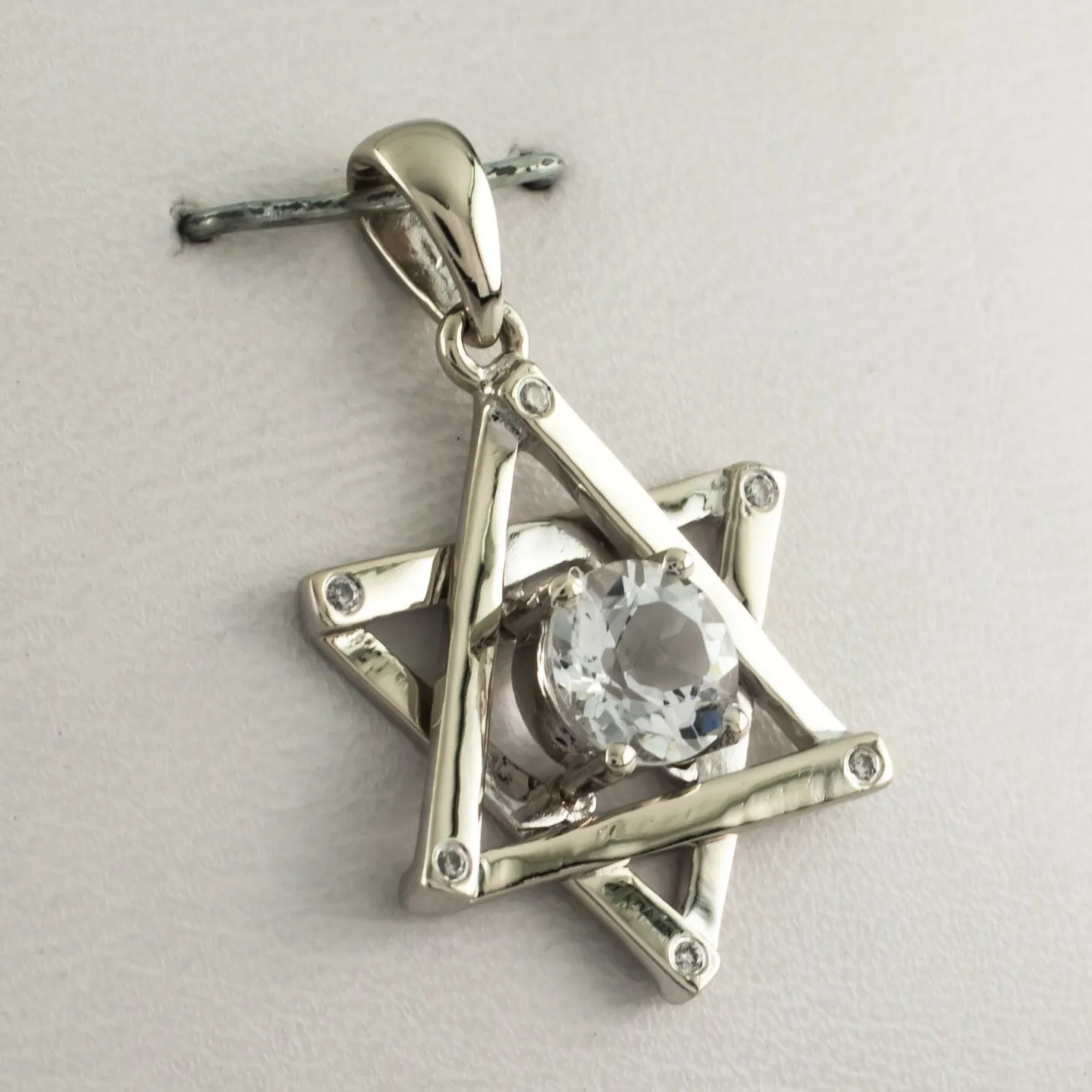 14k White Gold Star of David Pendant w/ White Topaz Solitaire Nice Gift!