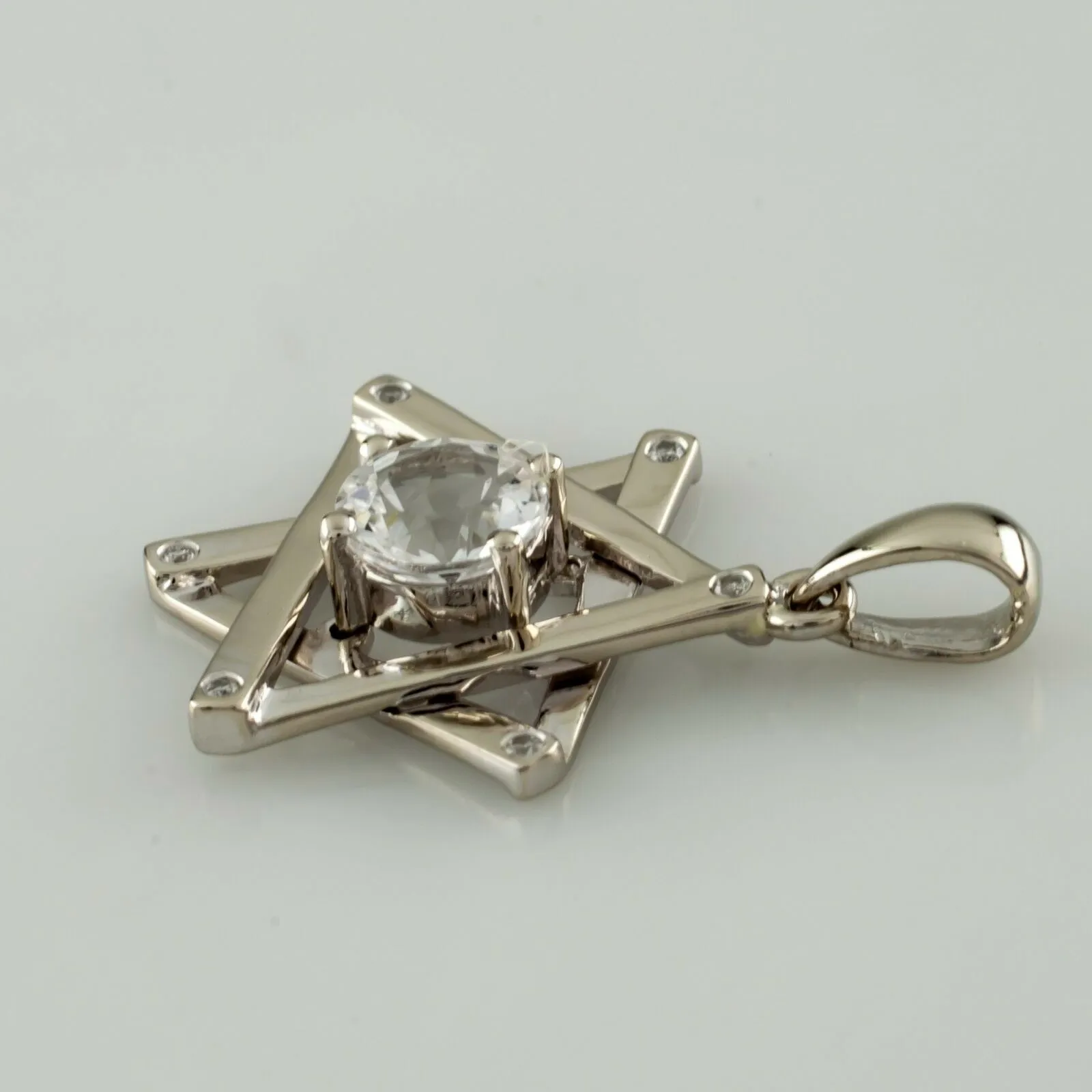 14k White Gold Star of David Pendant w/ White Topaz Solitaire Nice Gift!