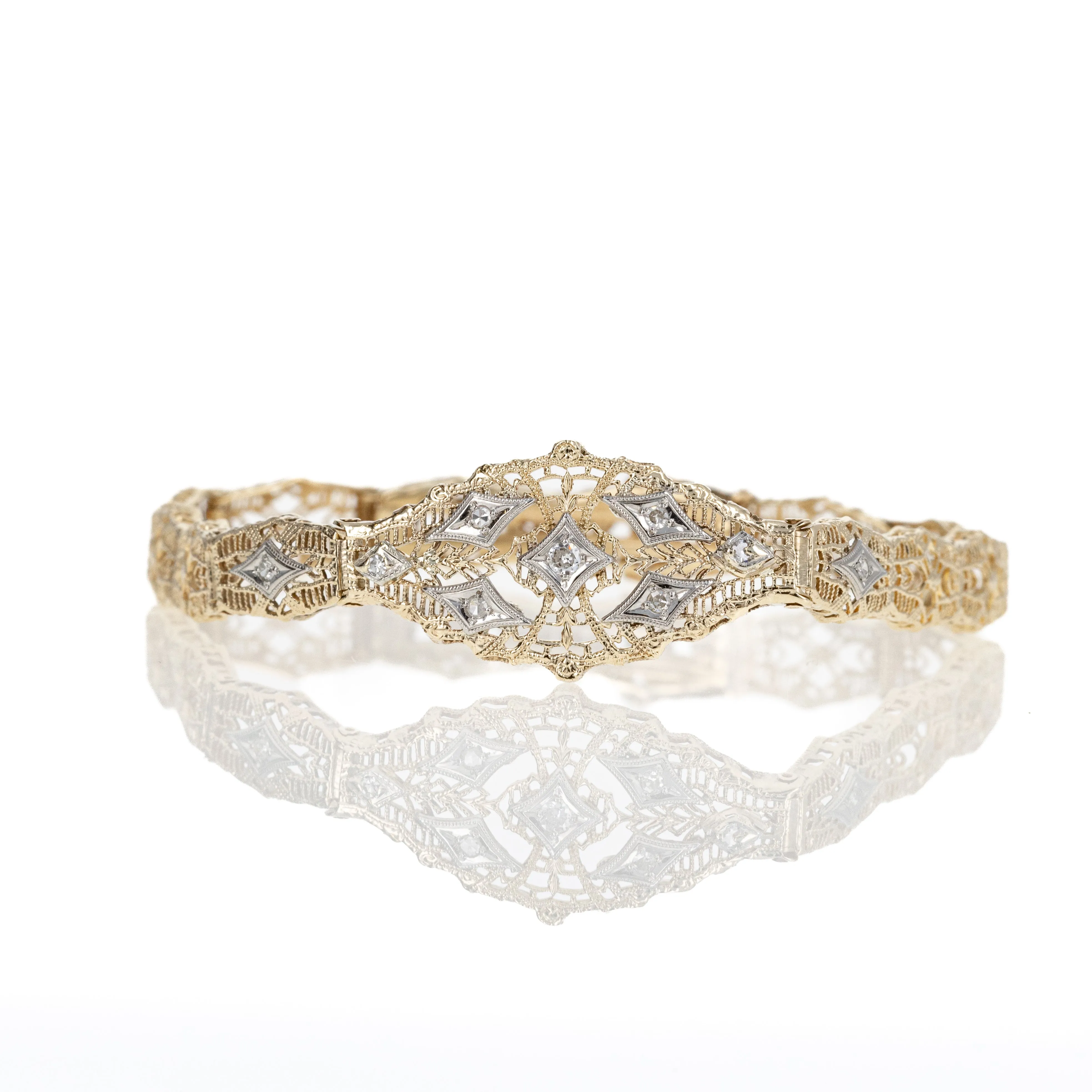 14K Yellow and White Gold Filigree 0.15 Carat Diamond Bracelet