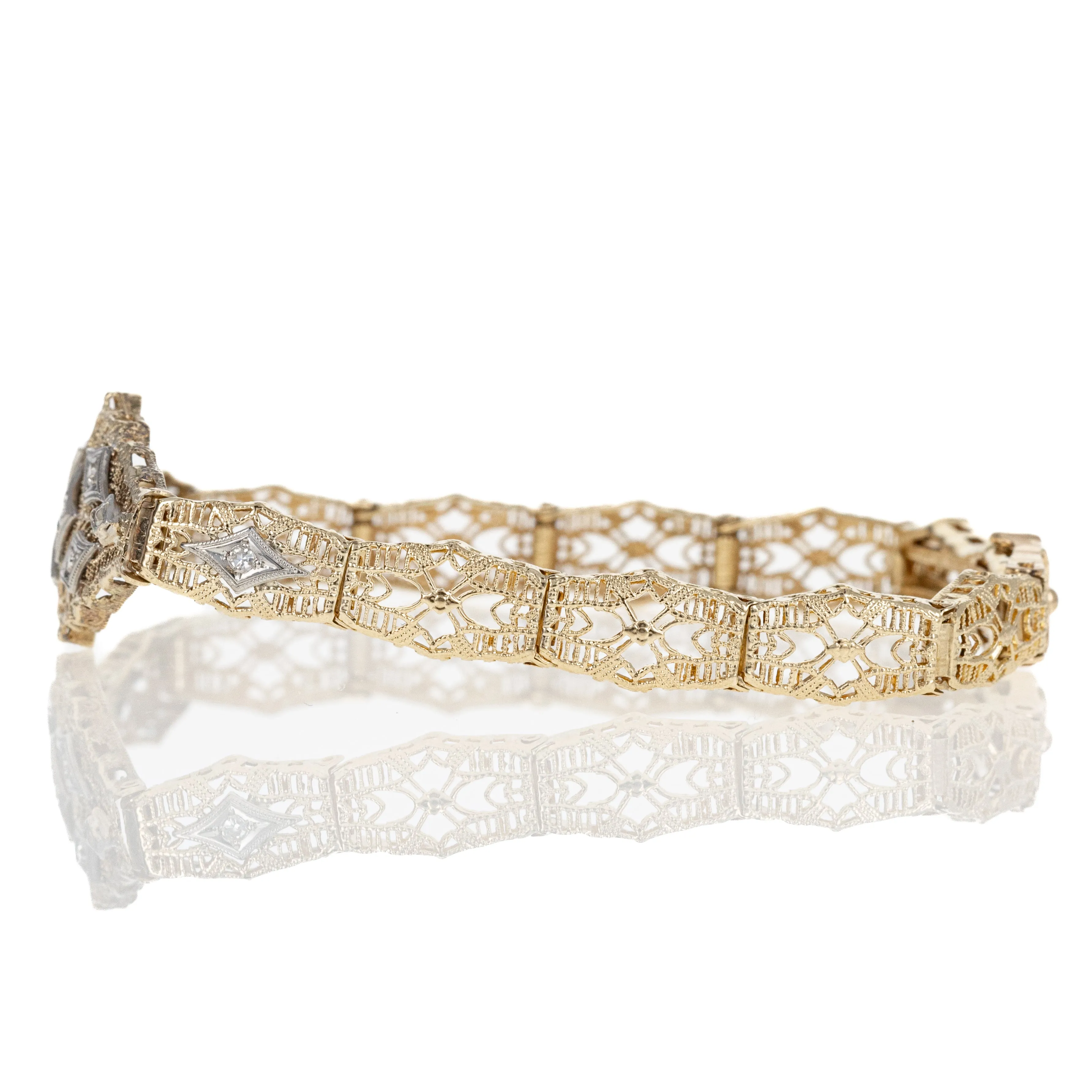 14K Yellow and White Gold Filigree 0.15 Carat Diamond Bracelet