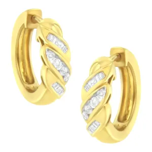14K Yellow Gold 1/4 ct TDW Alternating 3 Row Baguette & Round Brilliant-Cut Diamond Huggy Hoop Earrings (H-I, I2-I3)